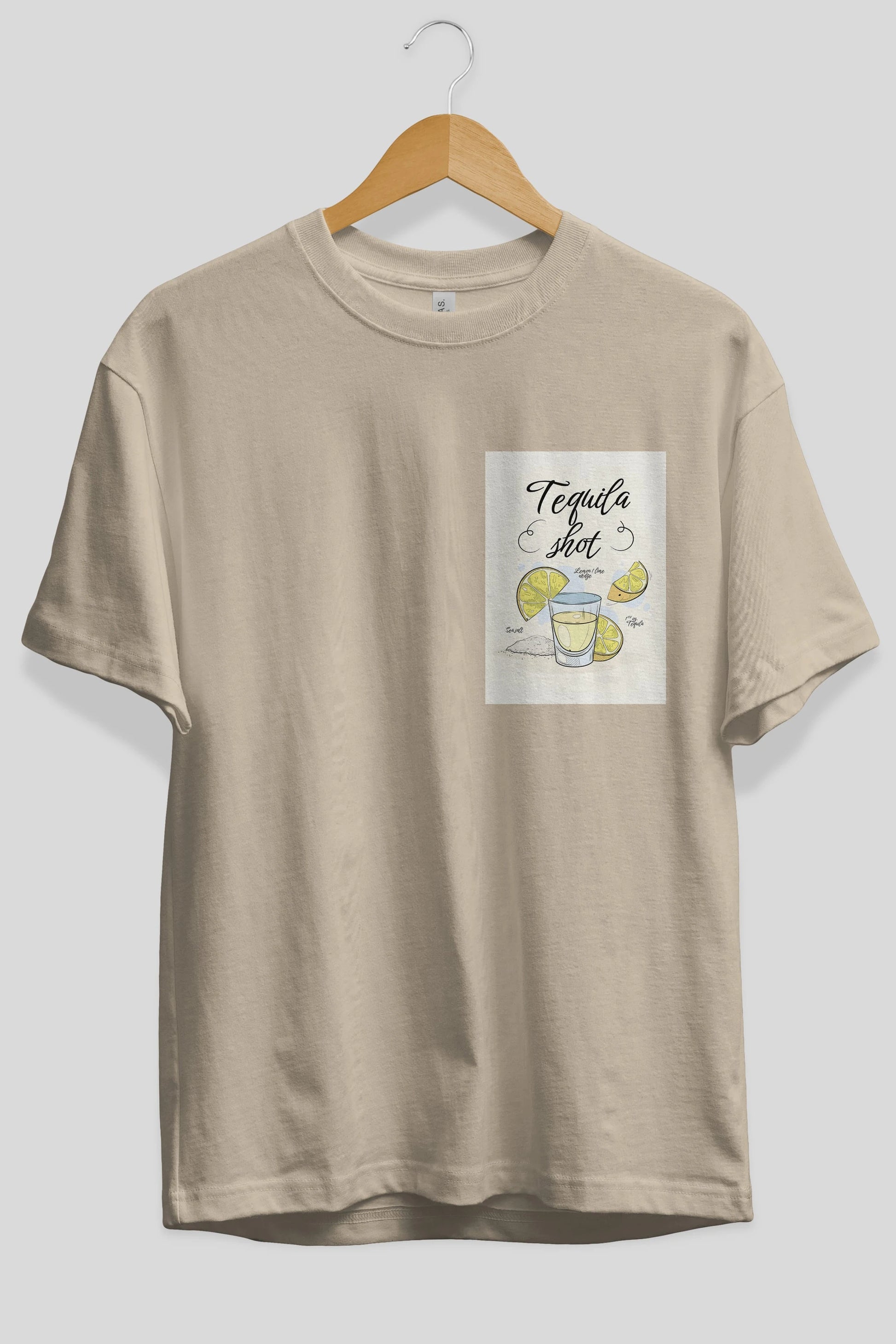Tequila Shot Ön Sol Baskılı Oversize t-shirt Erkek Kadın Unisex %100 Pamuk Bisiklet Yaka tişort