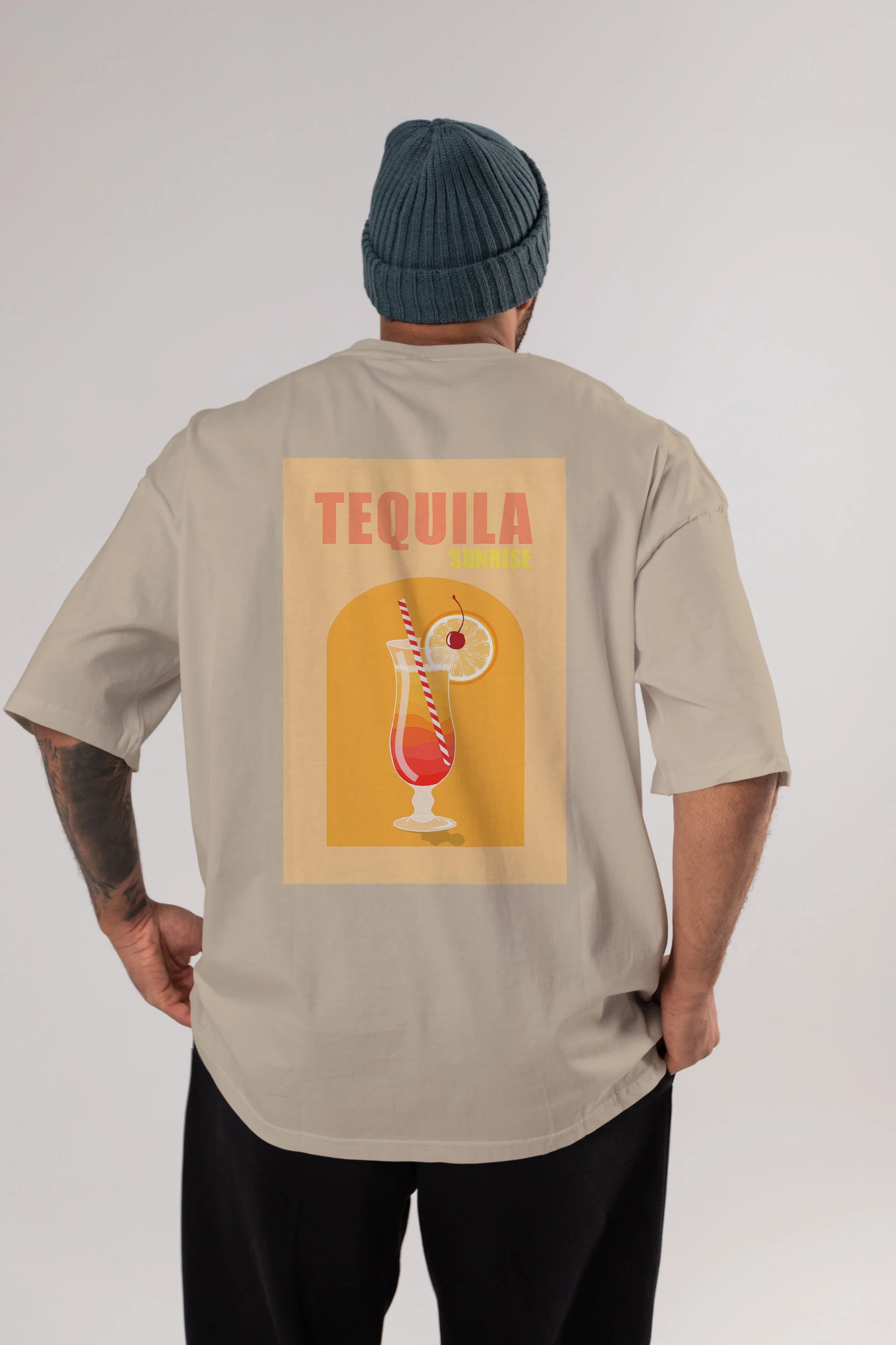 Tequila Sunrise Arka Baskılı Oversize t-shirt Erkek Kadın Unisex %100 Pamuk Bisiklet Yaka tişort