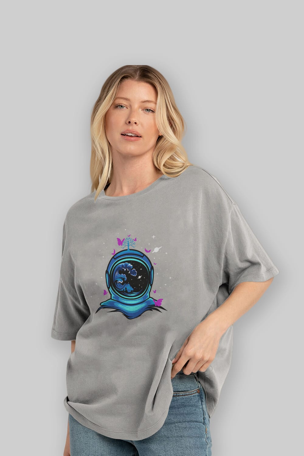Astronaut and Butterfly Ön Baskılı Oversize t-shirt Erkek Kadın Unisex