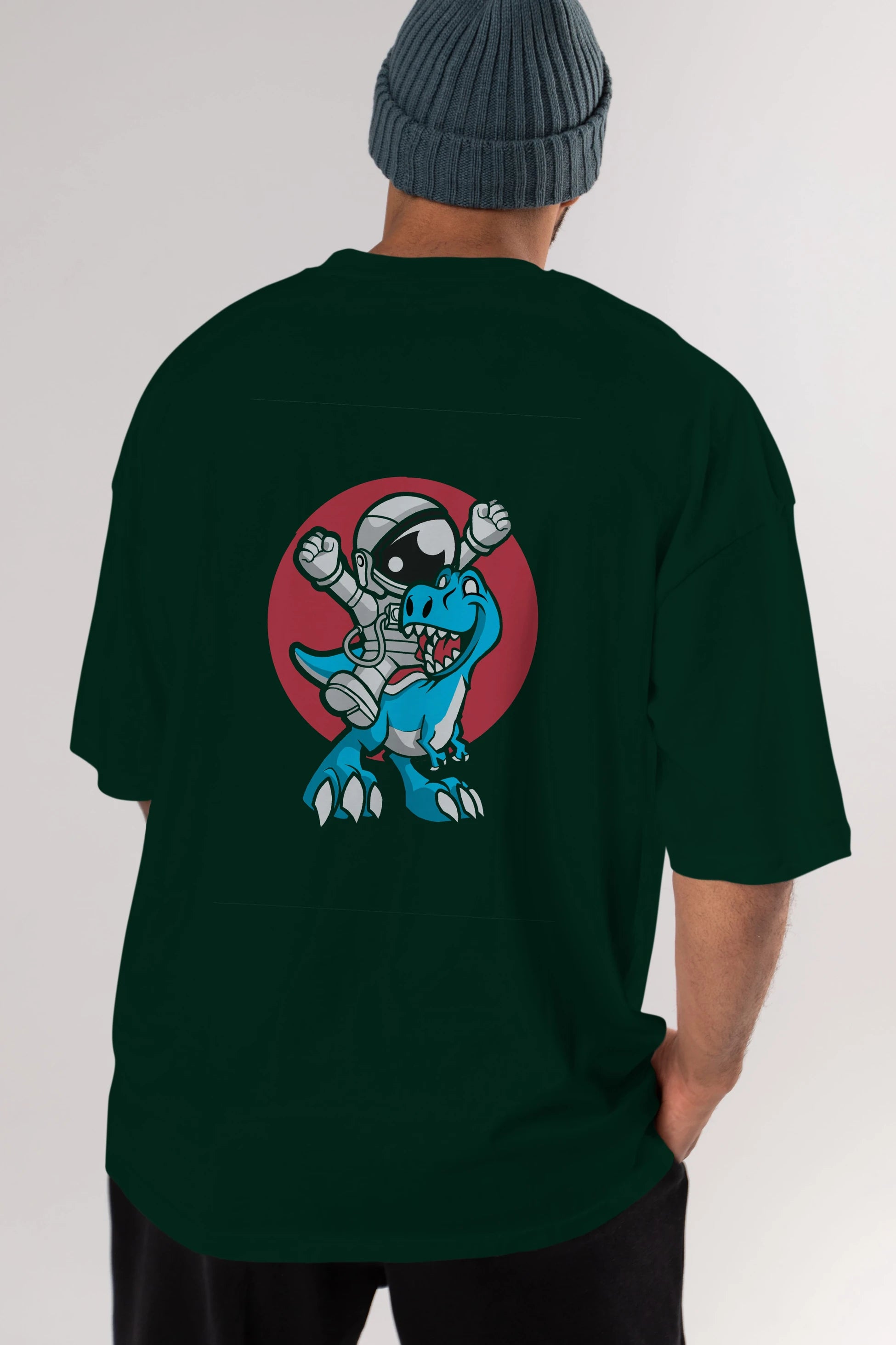 Astronaut Dino Arka Baskılı Oversize t-shirt Erkek Kadın Unisex %100 Pamuk tişort