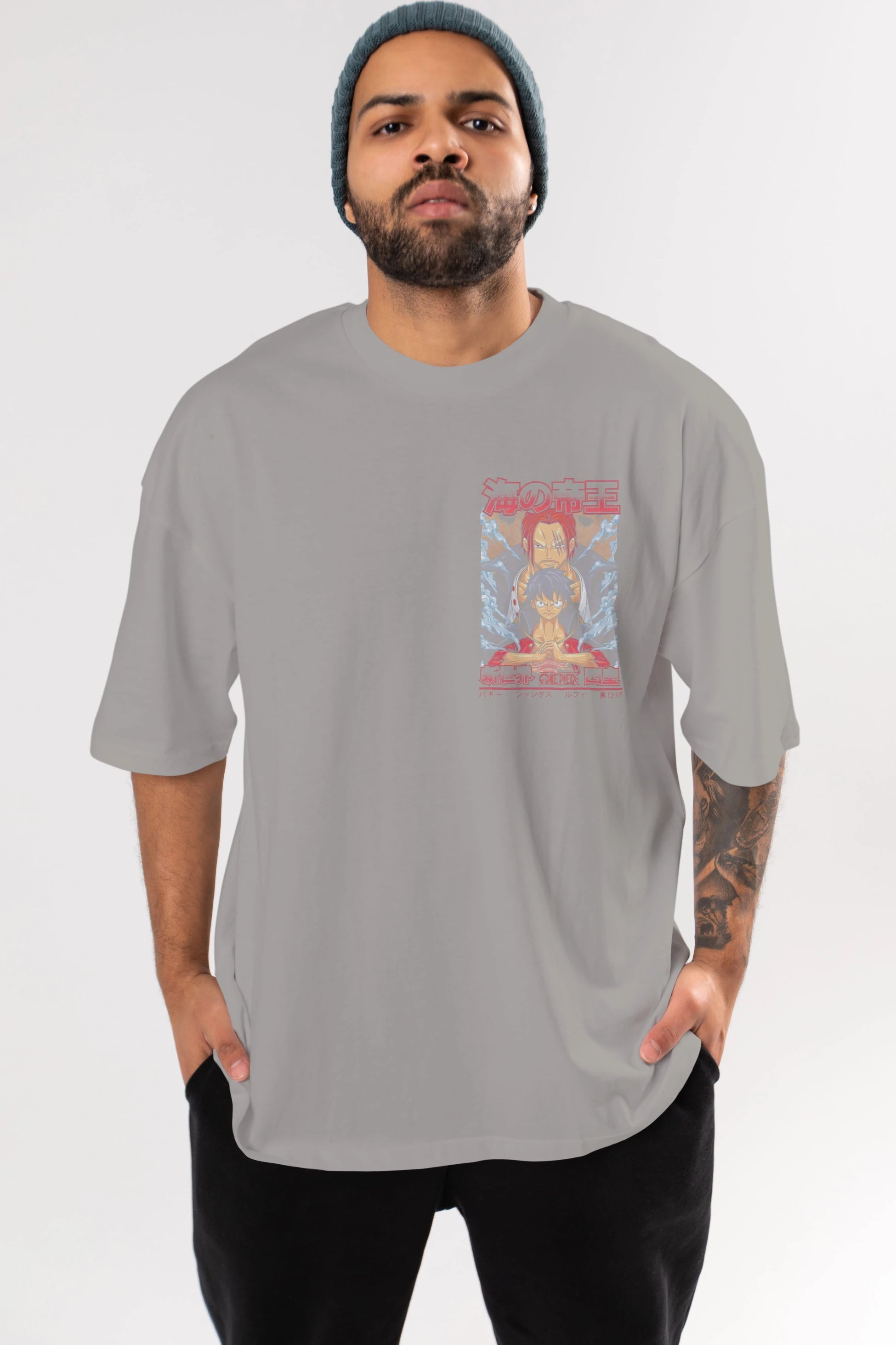 MONKEY D. LUFF and SHANKS Ön Sol Baskılı Oversize t-shirt Erkek Kadın Unisex %100 Pamuk Bisiklet Yaka tişort