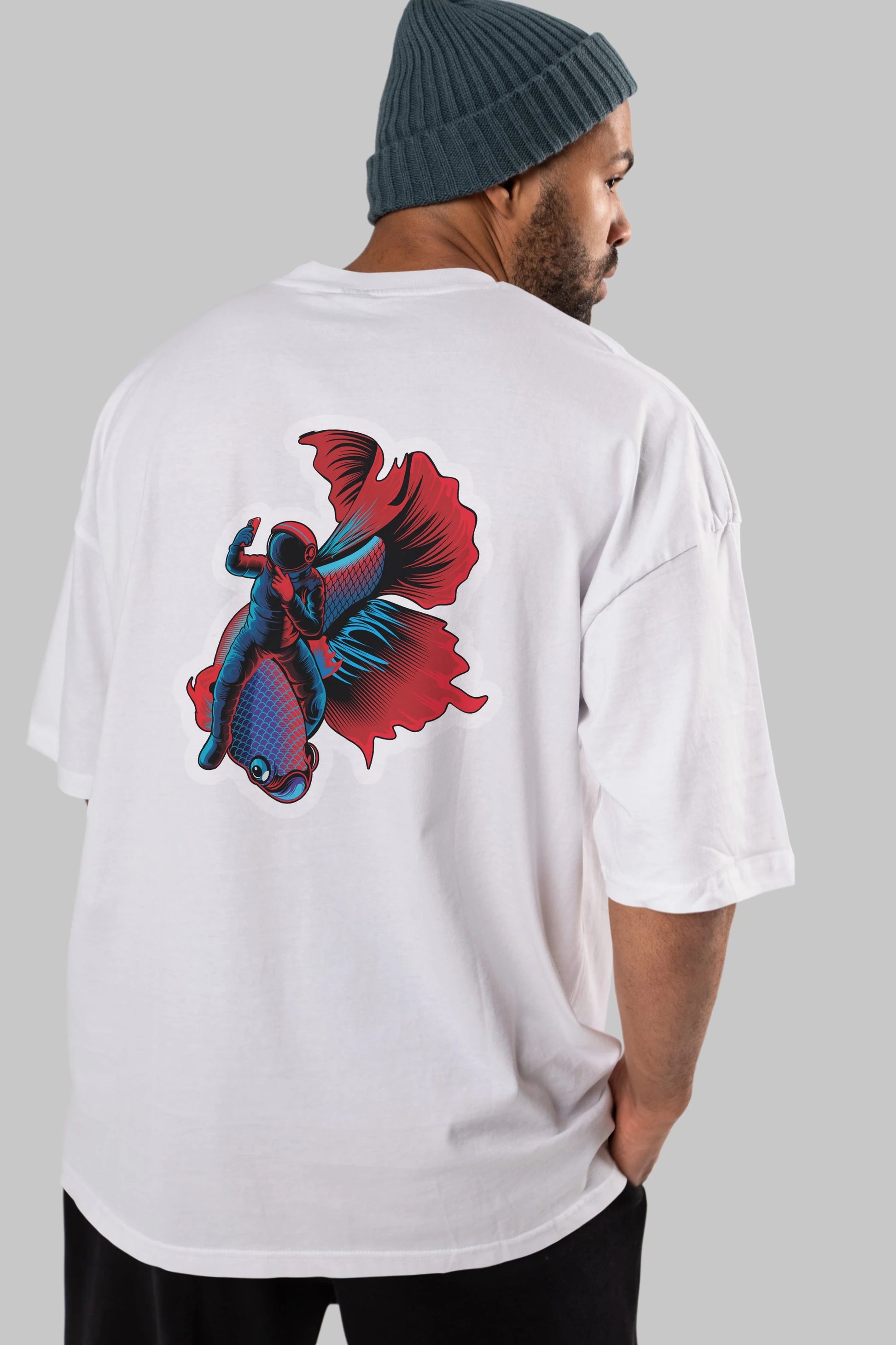 Astrofish selfie sticker Arka Baskılı Oversize t-shirt Erkek Kadın Unisex