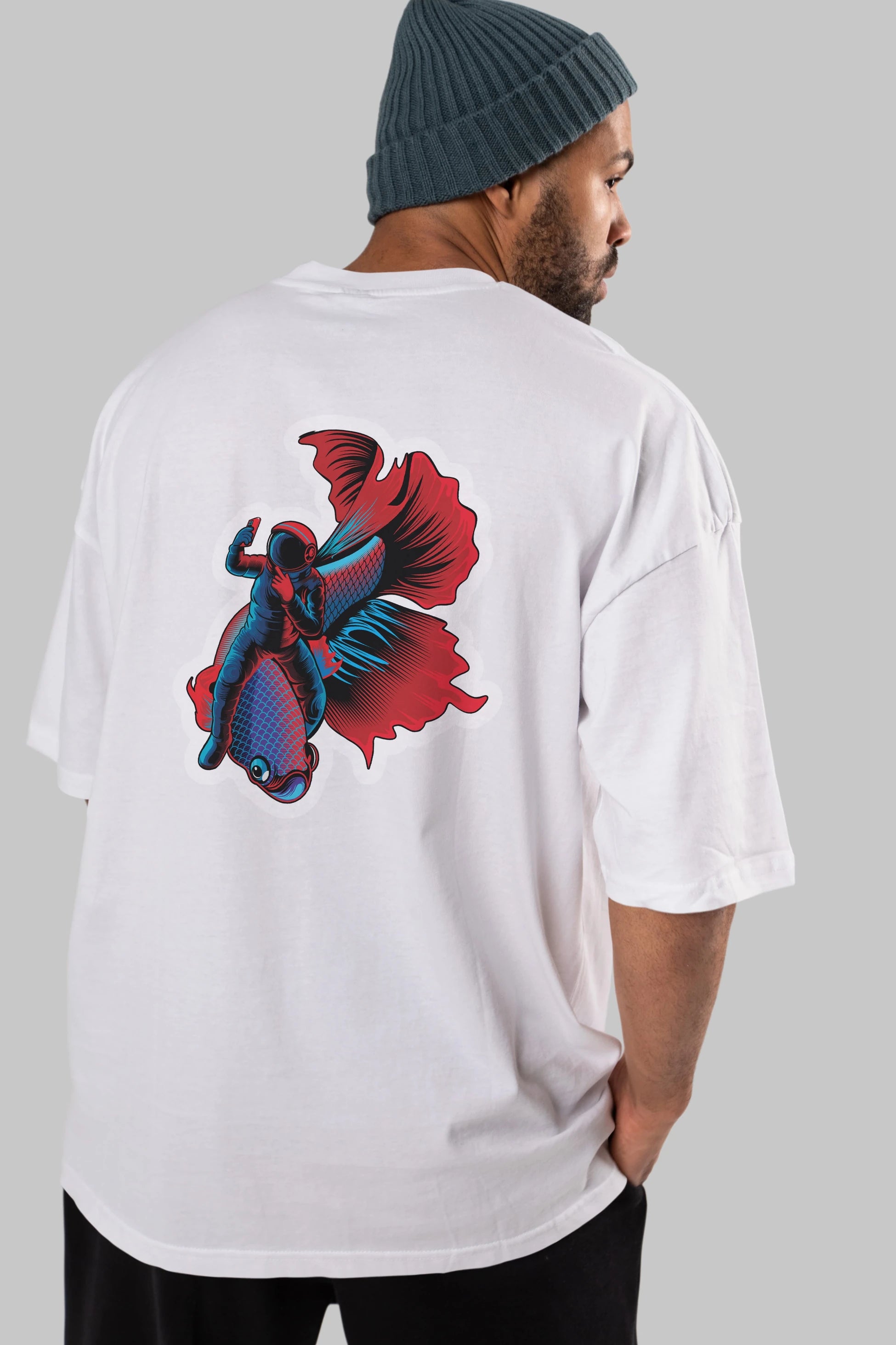 Astrofish selfie sticker Arka Baskılı Oversize t-shirt Erkek Kadın Unisex