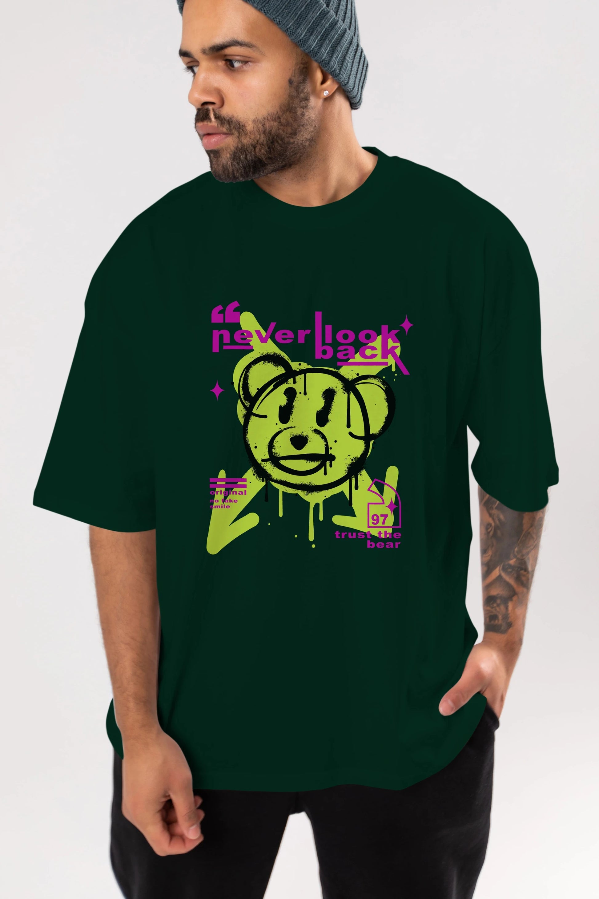 Never Look Back Bear Ön Baskılı Oversize t-shirt Erkek Kadın Unisex