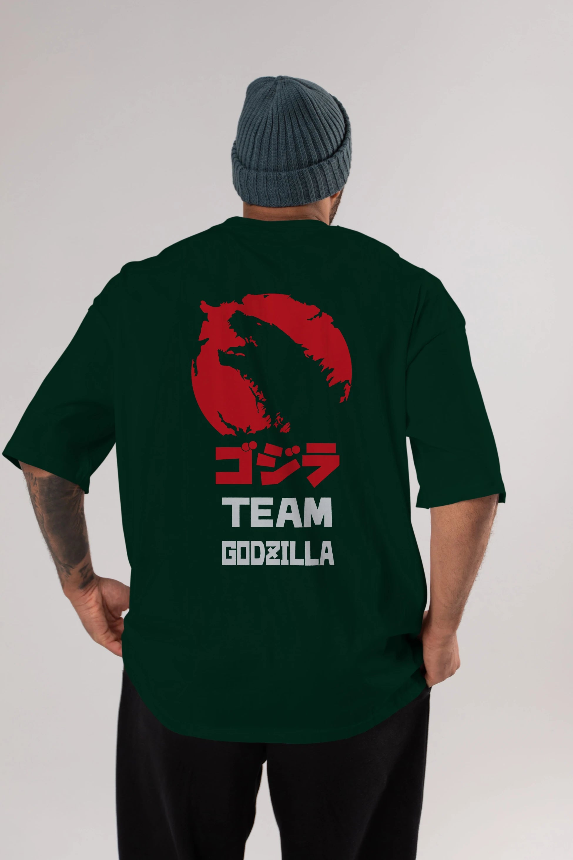 Team Godzilla Arka Baskılı Oversize t-shirt Erkek Kadın Unisex %100 Pamuk Bisiklet Yaka tişort