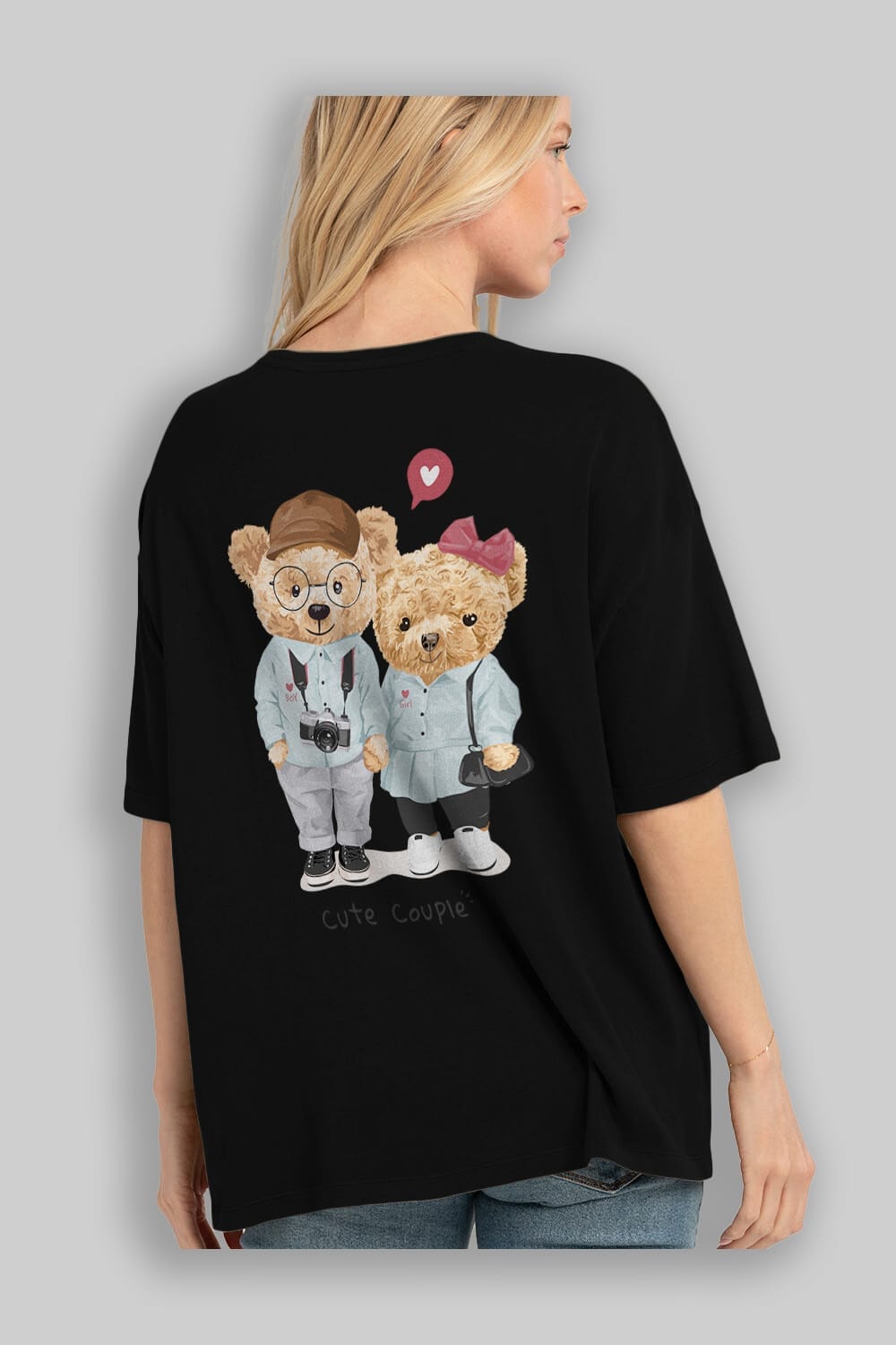 Teddy Bear Cute Couple Arka Baskılı Oversize t-shirt Erkek Kadın Unisex %100 Pamuk