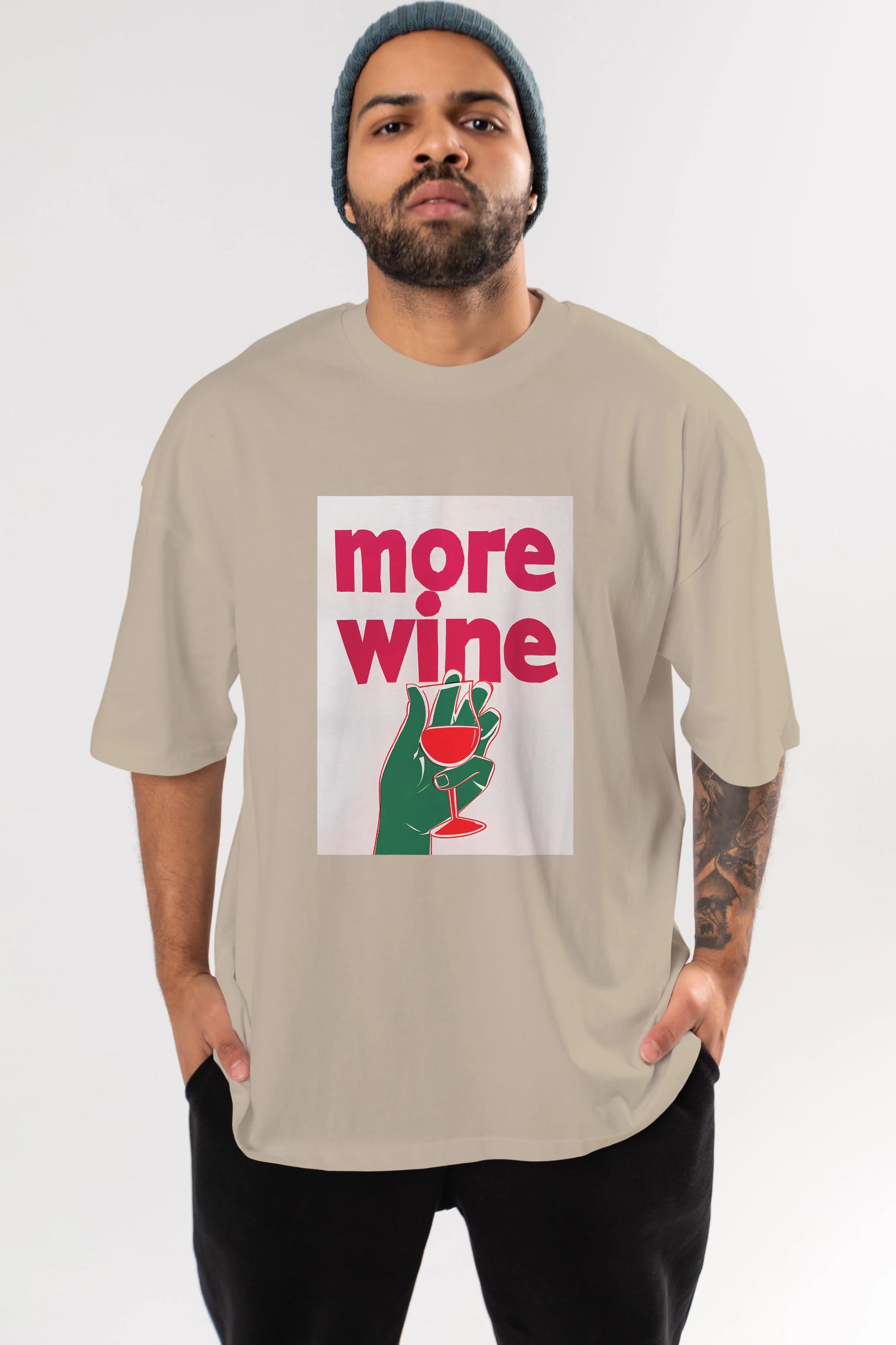More Wine 3 Ön Baskılı Oversize t-shirt Erkek Kadın Unisex %100 Pamuk Bisiklet Yaka tişort