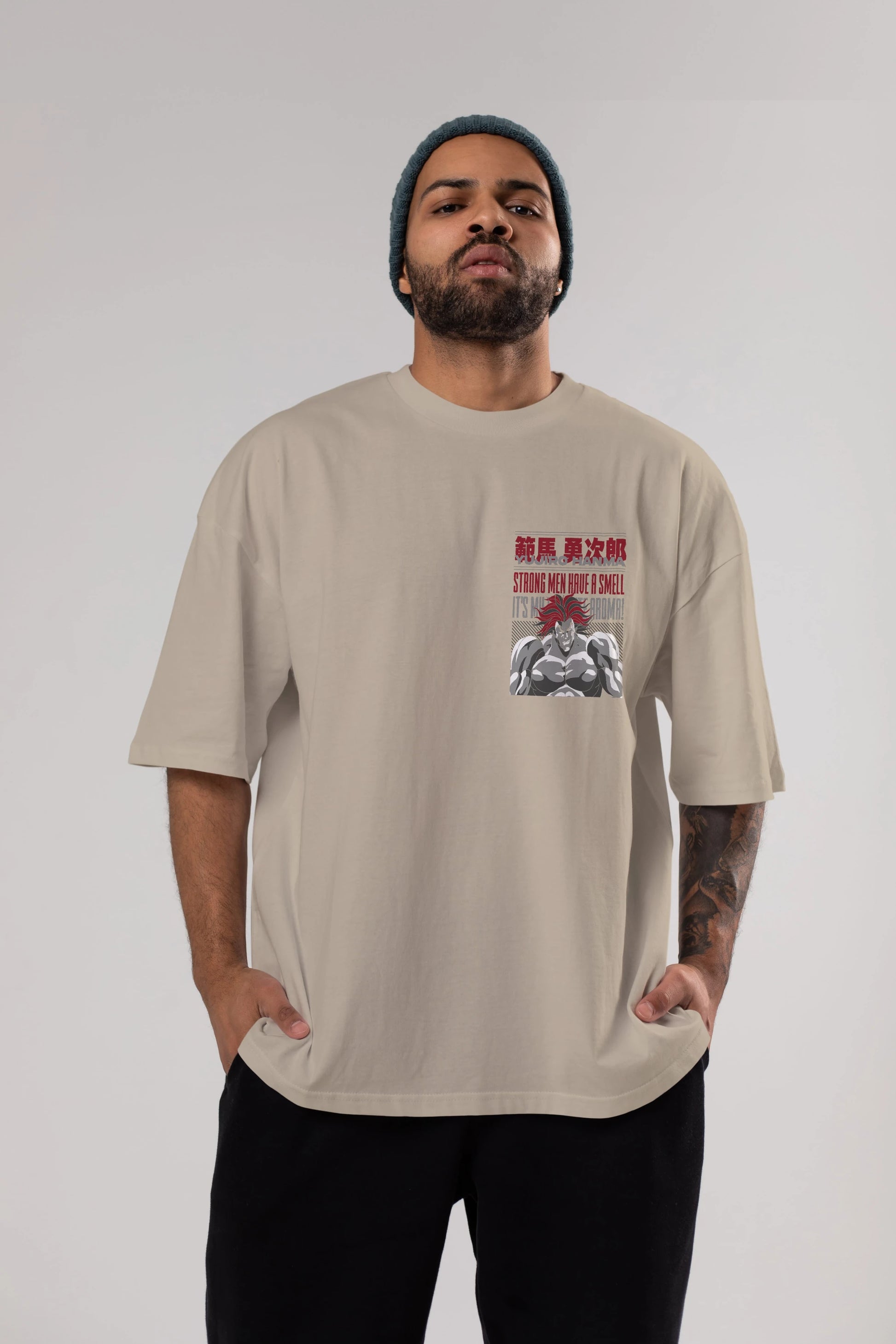 YUJIRO HANMA Ön Sol Baskılı Oversize t-shirt Erkek Kadın Unisex %100 Pamuk Bisiklet Yaka tişort