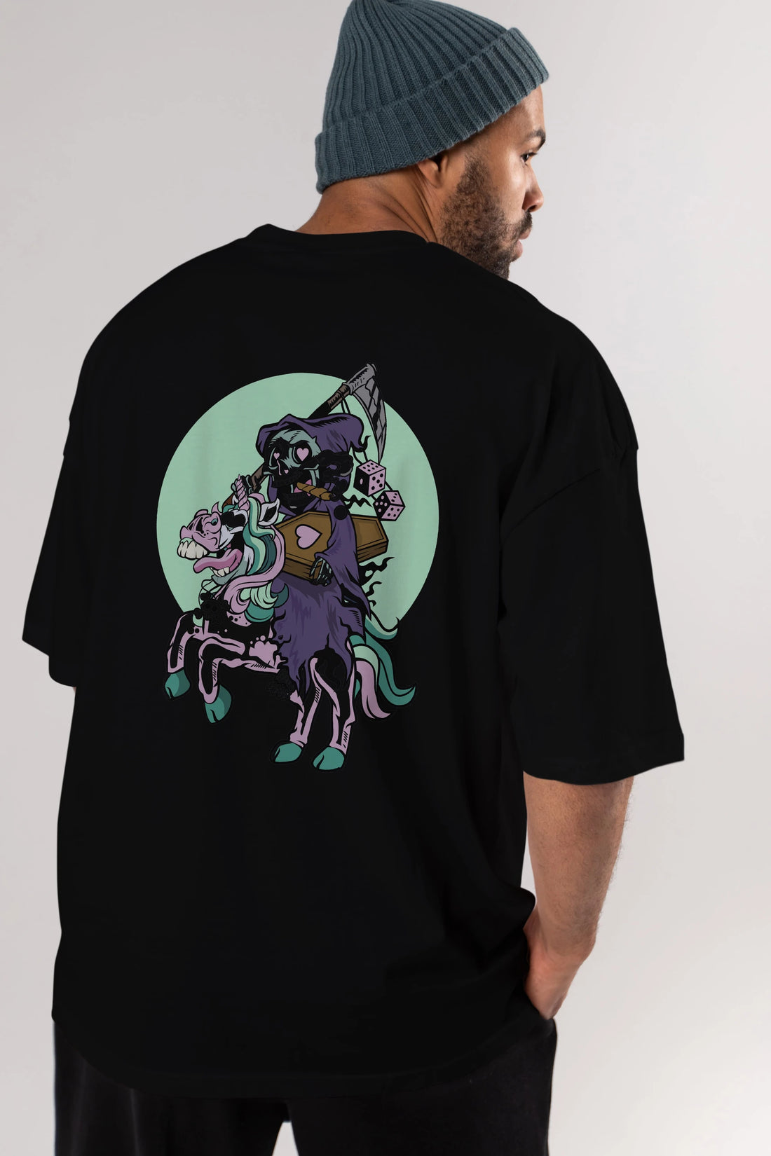 Grim Reaper Riding Unicorn Arka Baskılı Oversize t-shirt Erkek Kadın Unisex %100 Pamuk tişort