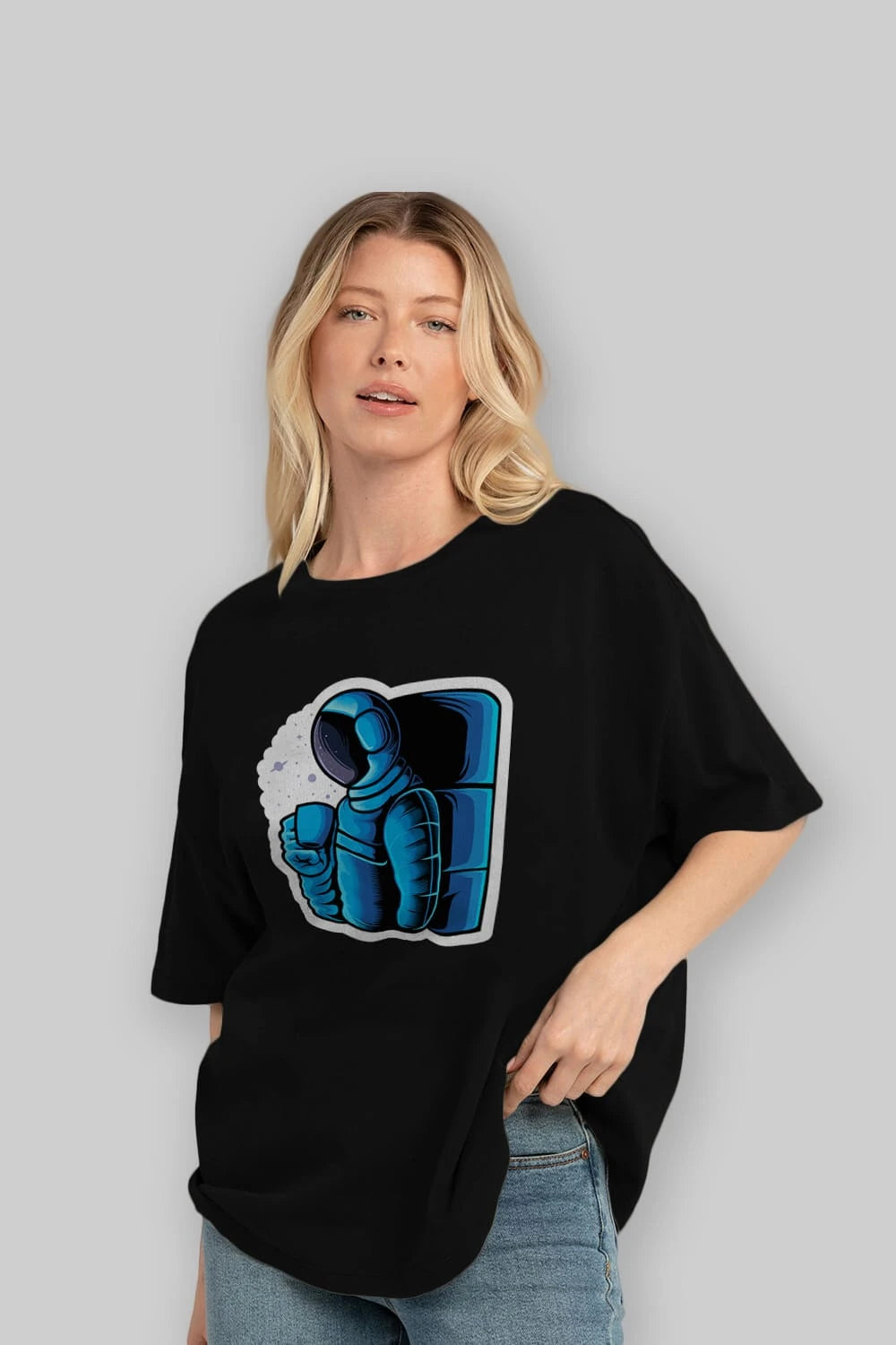 Drinking coffee in space sticker Ön Baskılı Oversize t-shirt Erkek Kadın Unisex