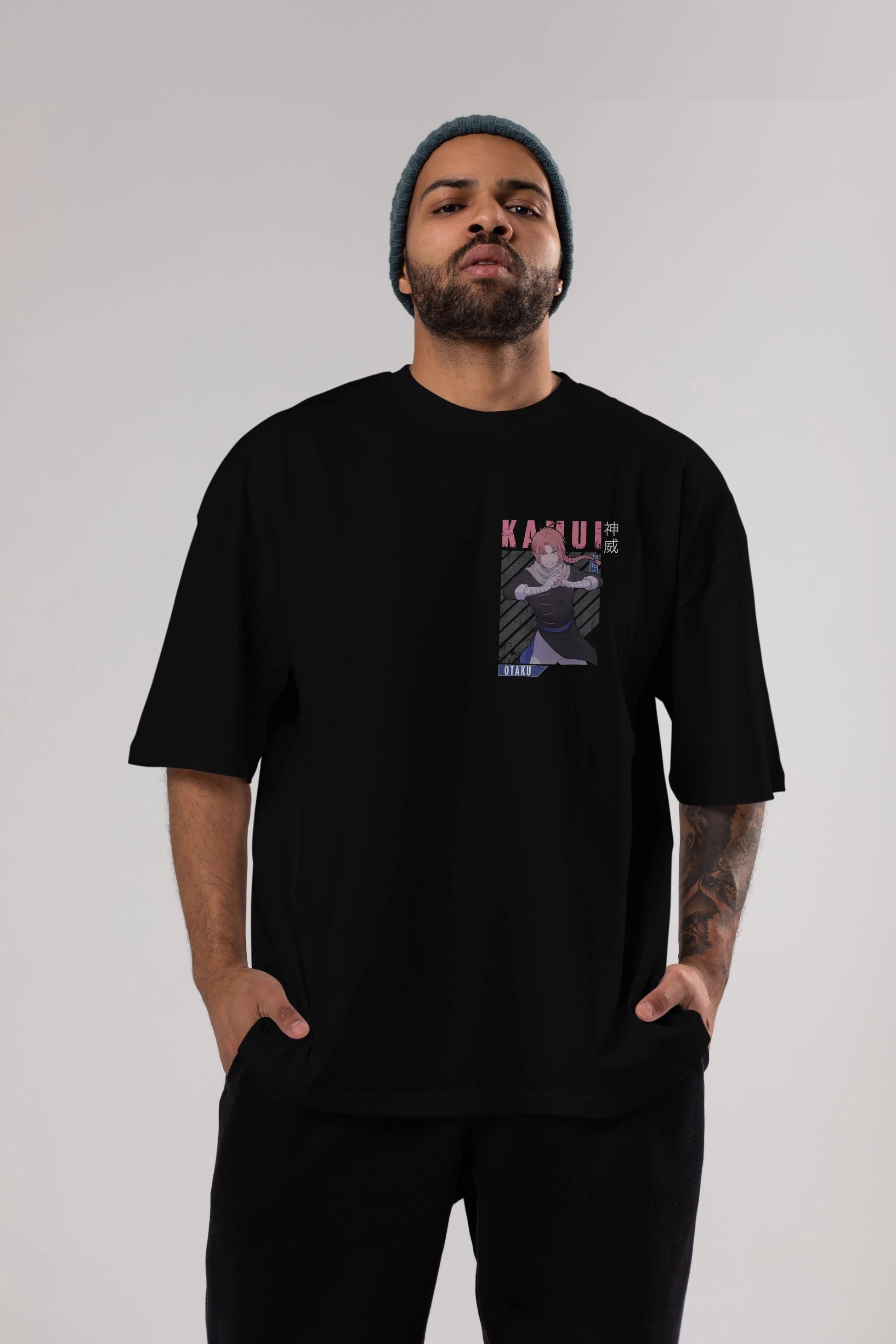 Kamui GINTAMA Ön Sol Baskılı Oversize t-shirt Erkek Kadın Unisex %100 Pamuk Bisiklet Yaka tişort