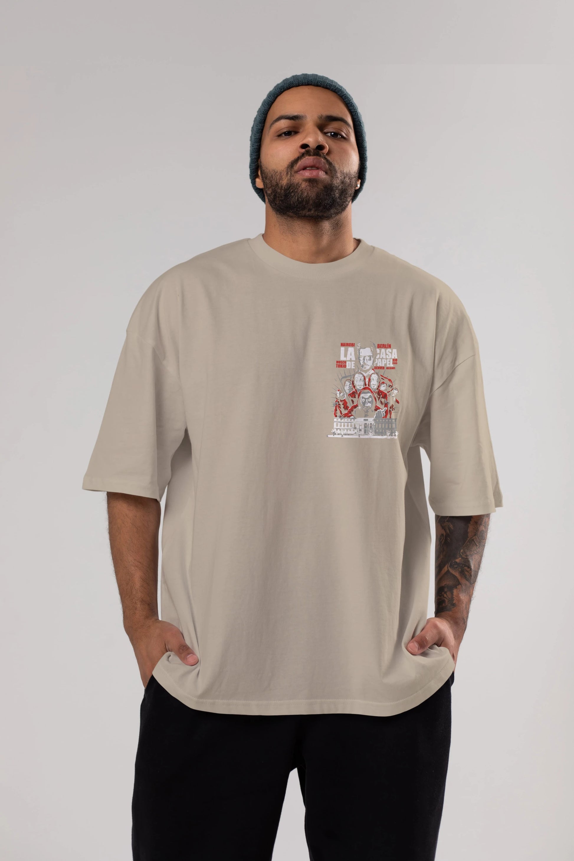 La Casa De Papel (2) Ön Sol Baskılı Oversize t-shirt Erkek Kadın Unisex %100 Pamuk Bisiklet Yaka tişort