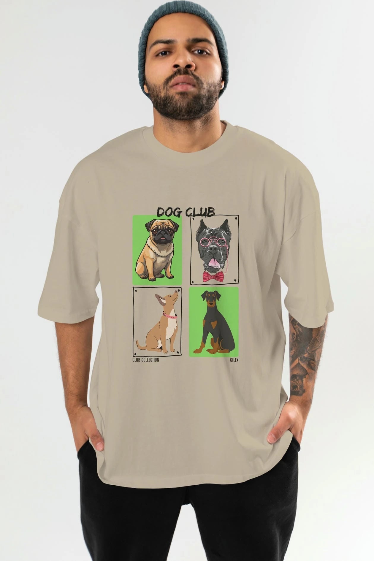 Dog Club ön Baskılı Oversize t-shirt Erkek Kadın %100 Pamuk Bisiklet Yaka tişort