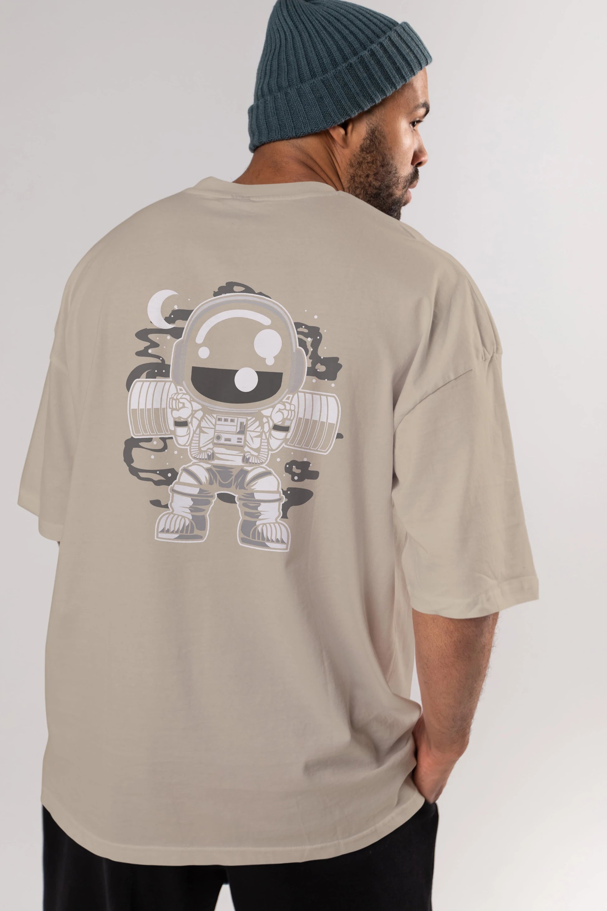 Astronaut Barbell Body Builder Arka Baskılı Oversize t-shirt Erkek Kadın Unisex