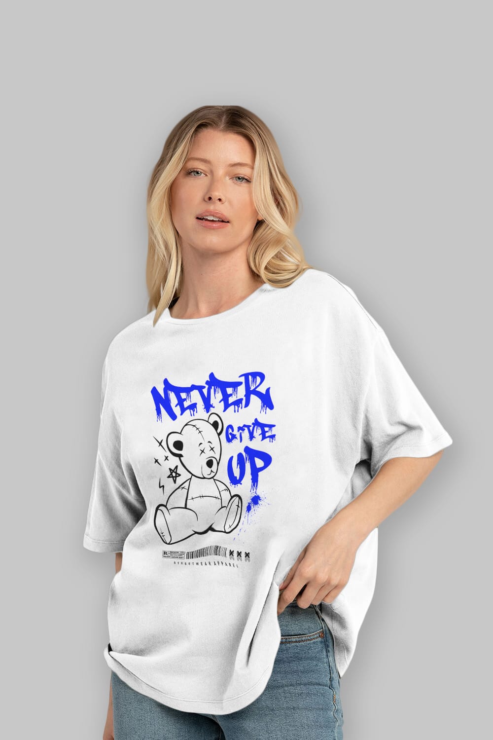 Teddy Bear Never Give Up Ön Baskılı Oversize t-shirt Erkek Kadın Unisex