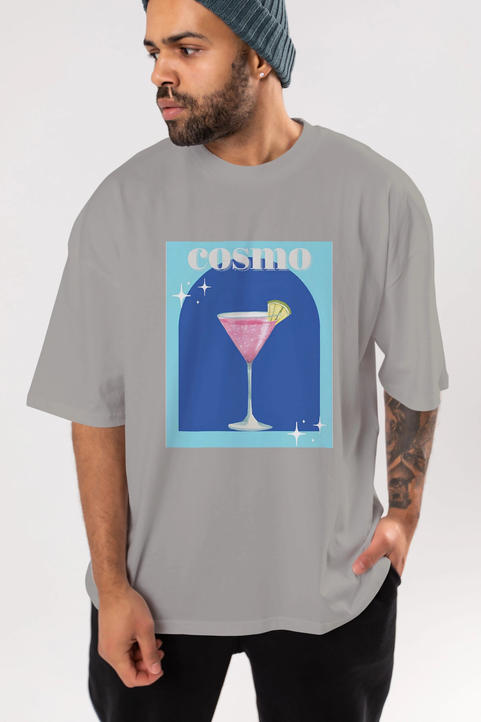 Cosmopolitan 2 Ön Baskılı Oversize t-shirt Erkek Kadın Unisex %100 Pamuk Bisiklet Yaka tişort