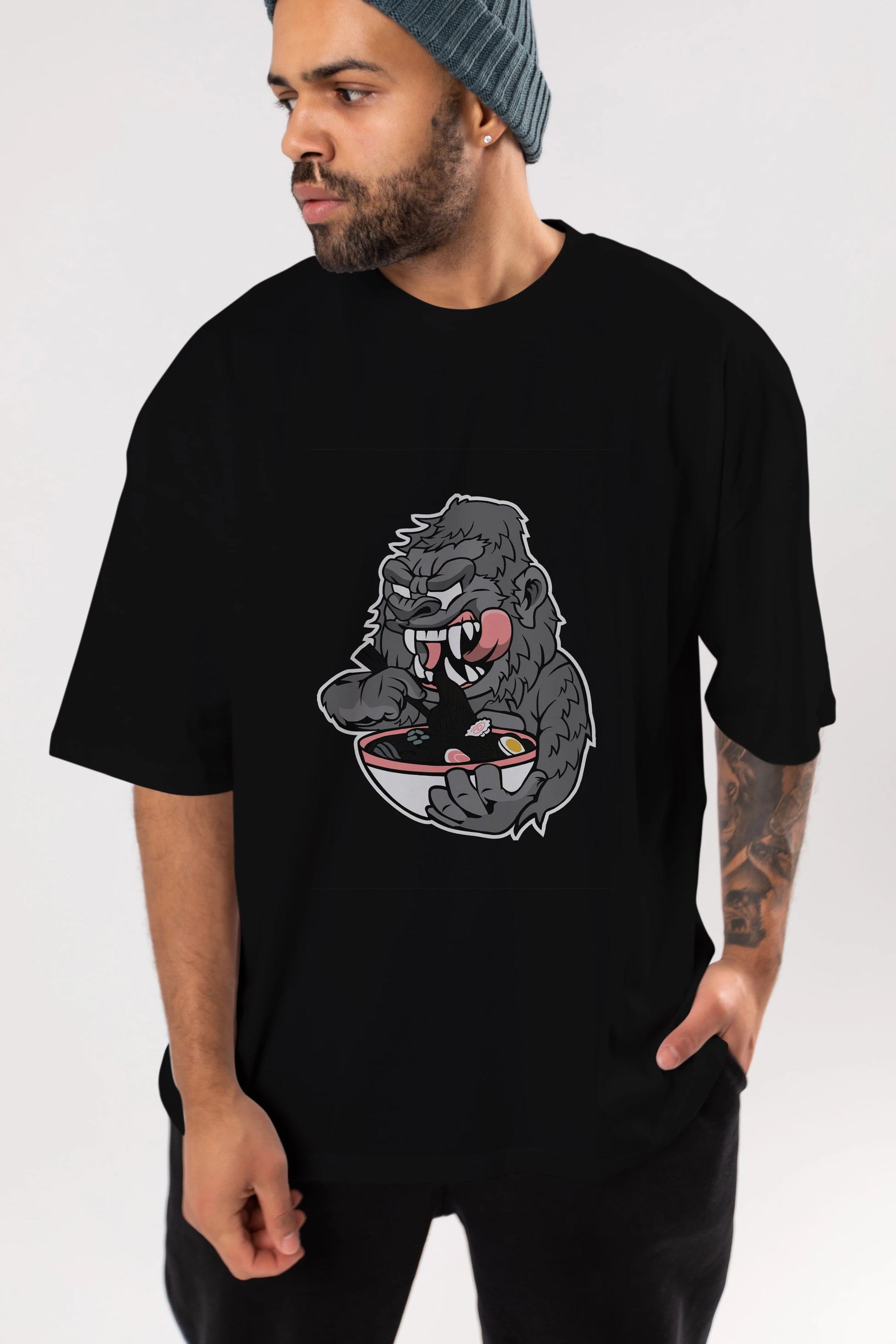 Big Gorilla Ramen Ön Baskılı Oversize t-shirt Erkek Kadın Unisex %100 Pamuk tişort