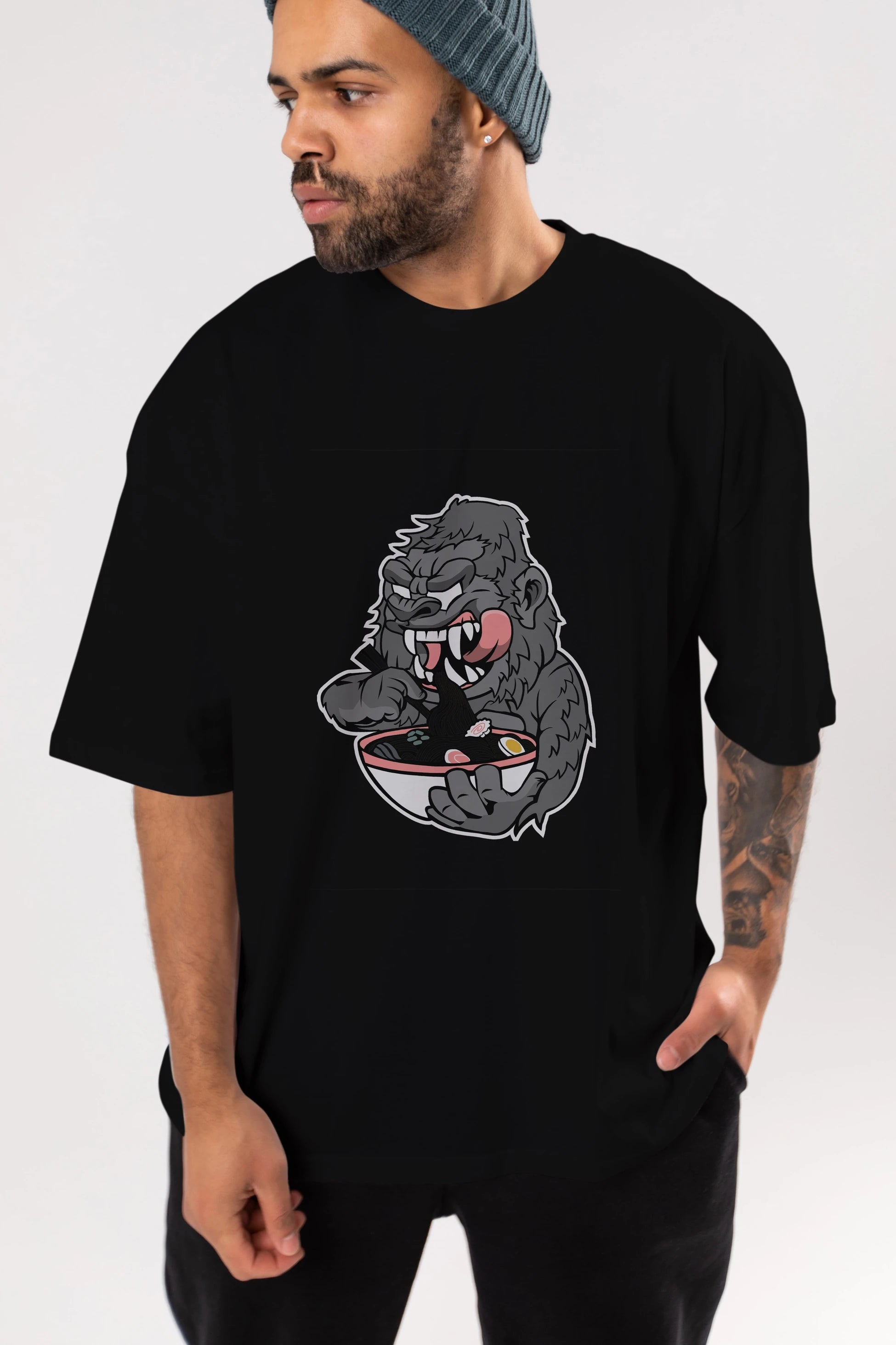 Big Gorilla Ramen Ön Baskılı Oversize t-shirt Erkek Kadın Unisex %100 Pamuk tişort
