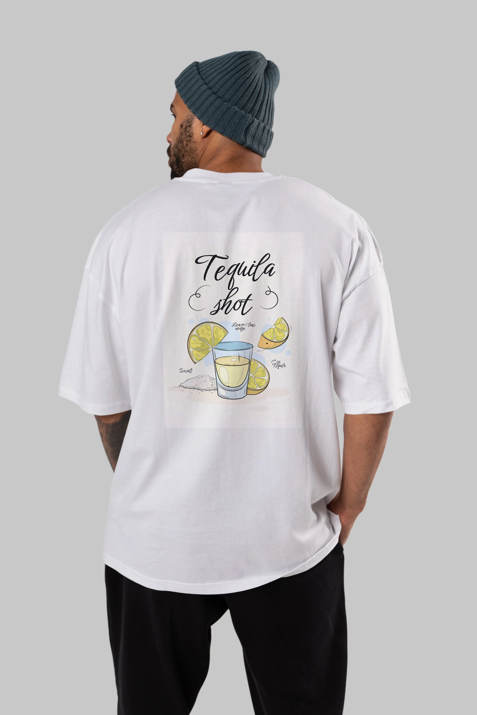 Tequila Shot Arka Baskılı Oversize t-shirt Erkek Kadın Unisex %100 Pamuk Bisiklet Yaka tişort