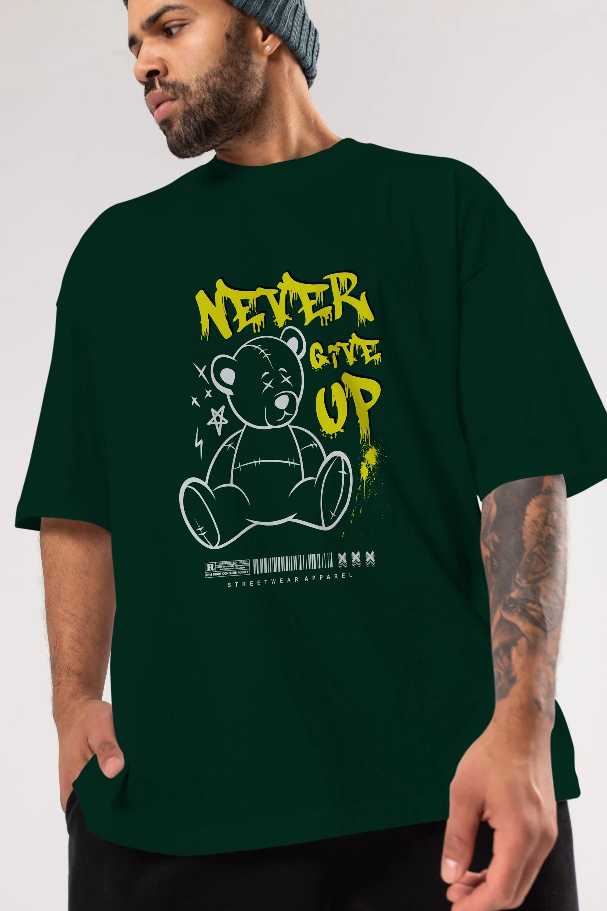 Teddy Bear Never Give Up Ön Baskılı Oversize t-shirt Erkek Kadın Unisex