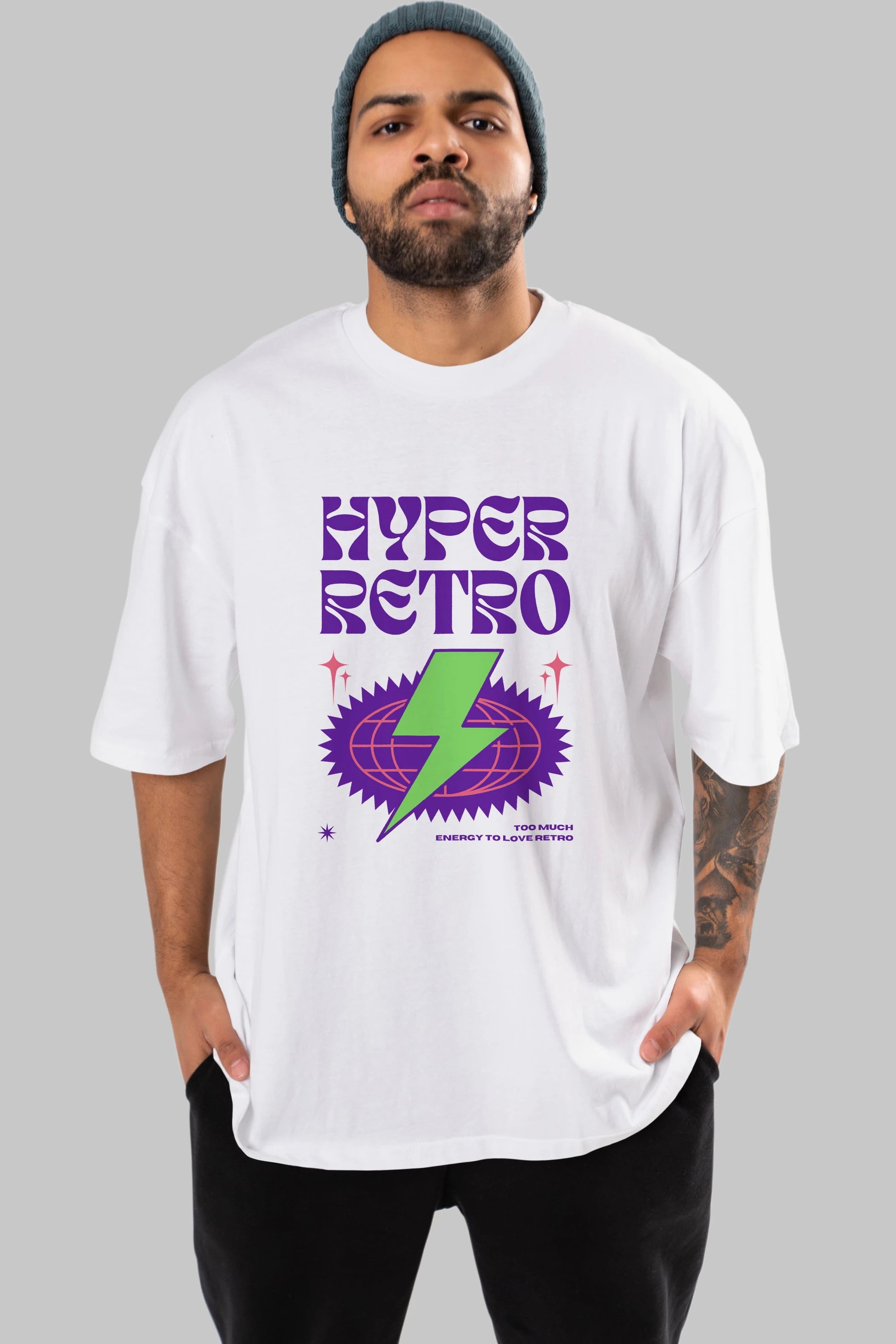 Hyper Retro Yazılı Ön Baskılı Oversize t-shirt Erkek Kadın Unisex