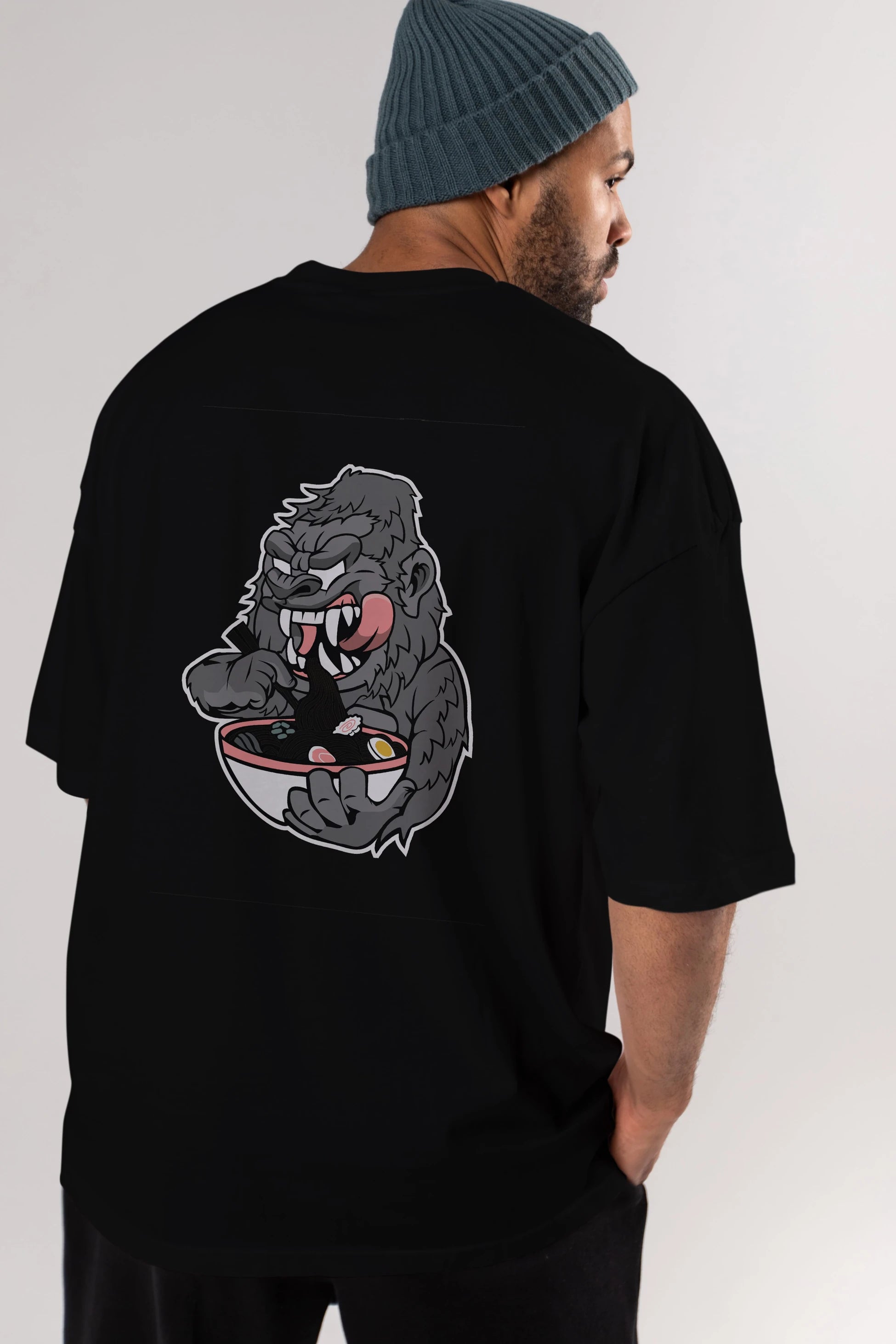 Big Gorilla Ramen Arka Baskılı Oversize t-shirt Erkek Kadın Unisex %100 Pamuk tişort