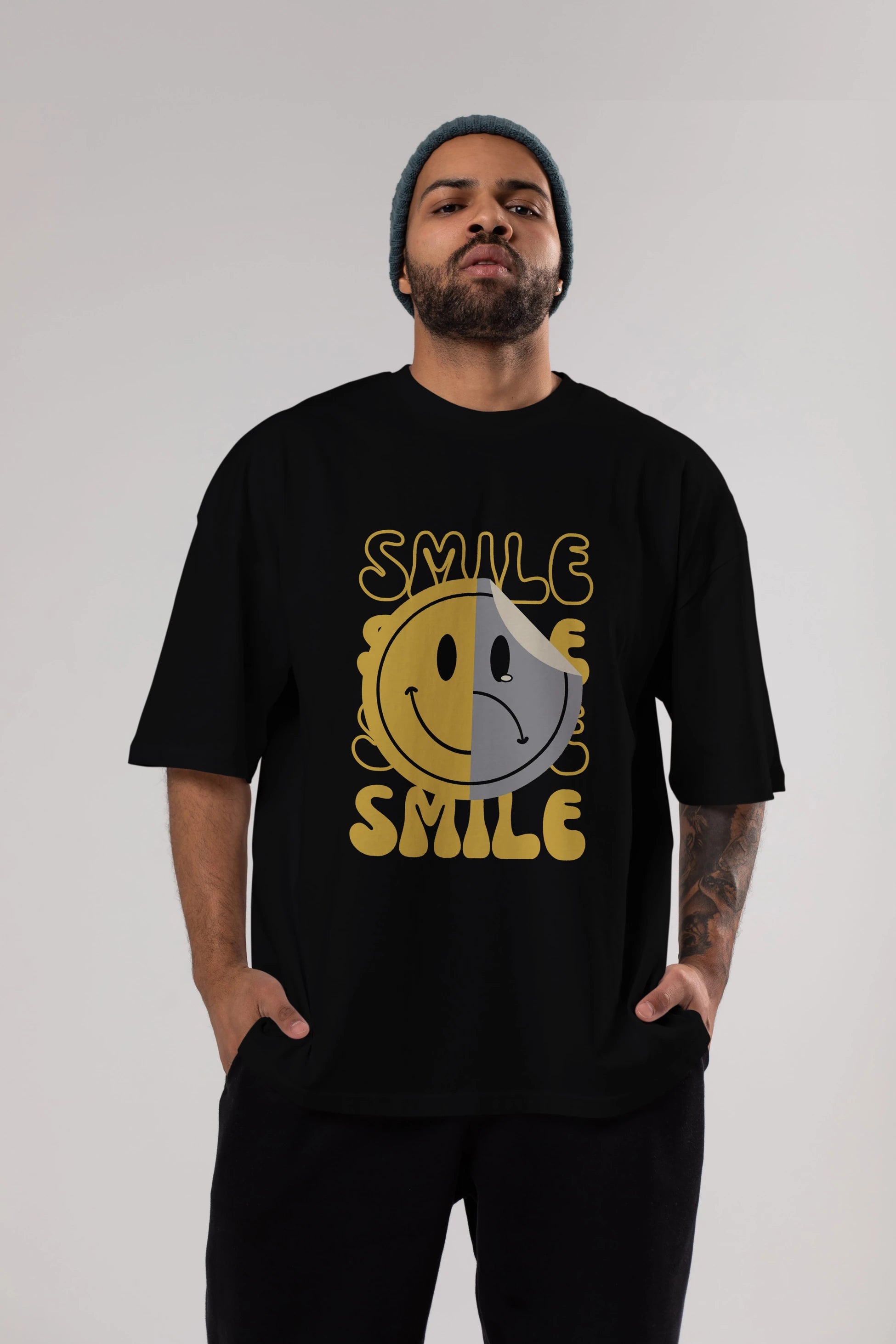 Smile Yazılı Ön Baskılı Oversize t-shirt Erkek Kadın Unisex