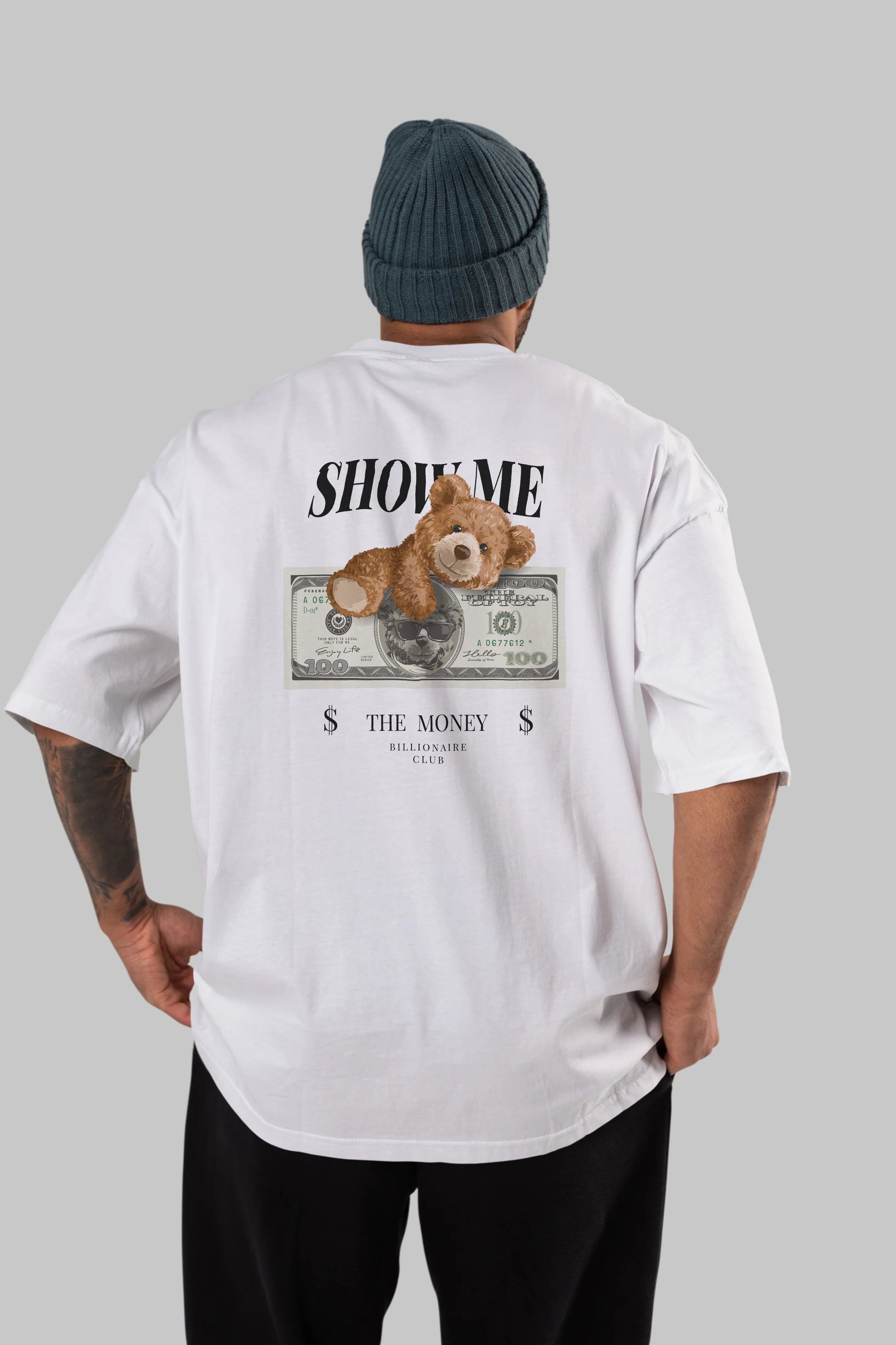 Teddy Bear The Money Arka Baskılı Oversize t-shirt Erkek Kadın Unisex %100 Pamuk
