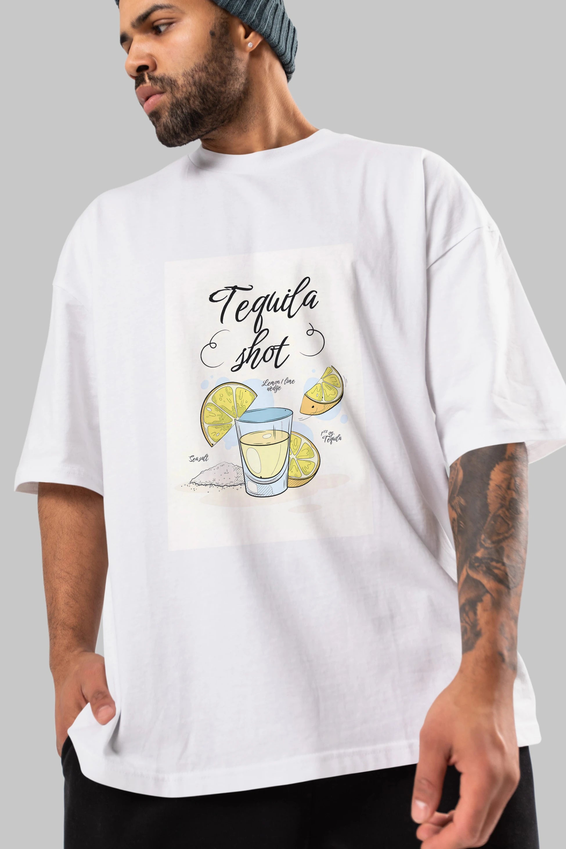 Tequila Shot Ön Baskılı Oversize t-shirt Erkek Kadın Unisex %100 Pamuk Bisiklet Yaka tişort