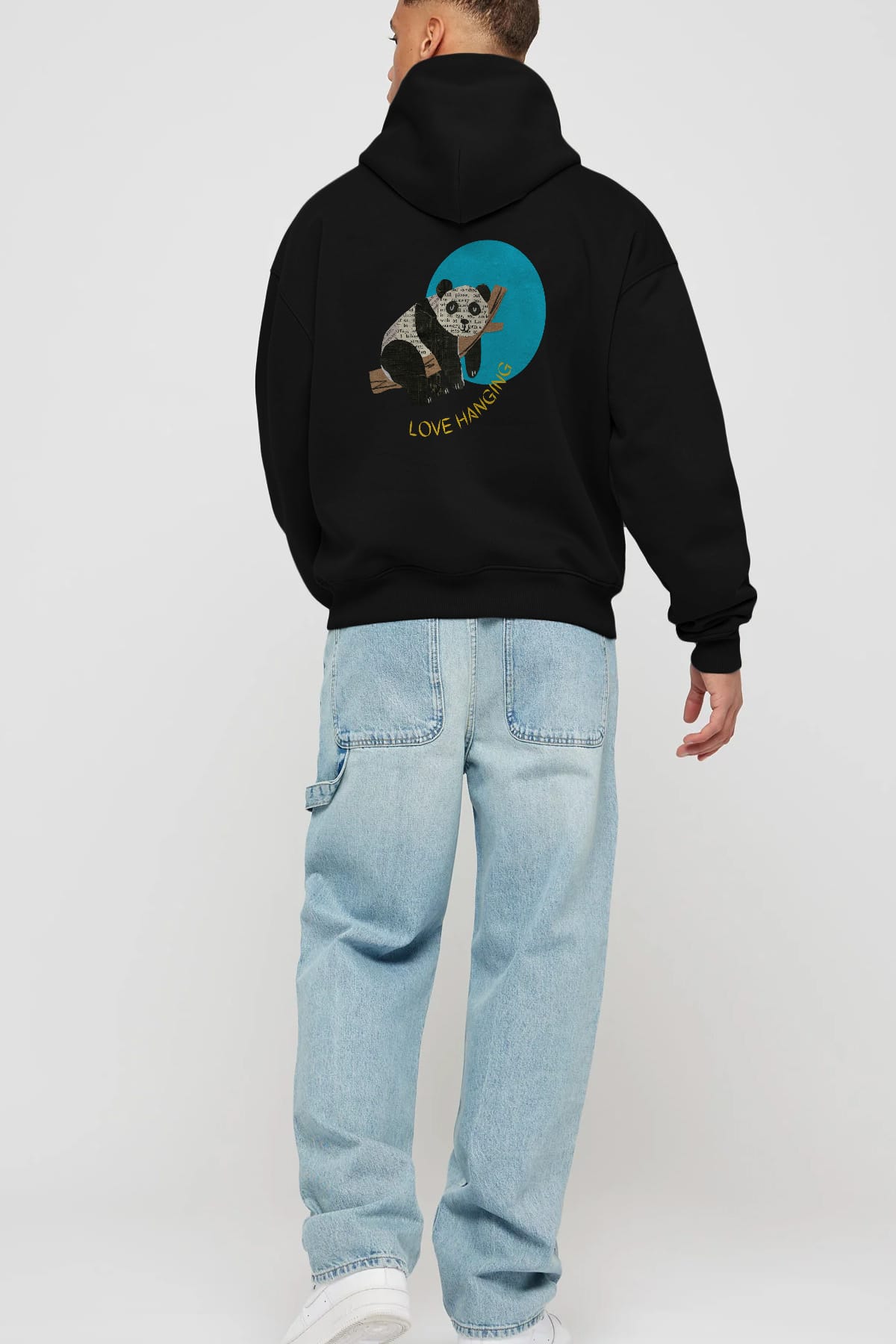 Panda Love Hanging Arka Baskılı Oversize Hoodie Kapüşonlu Sweatshirt Erkek Kadın Unisex