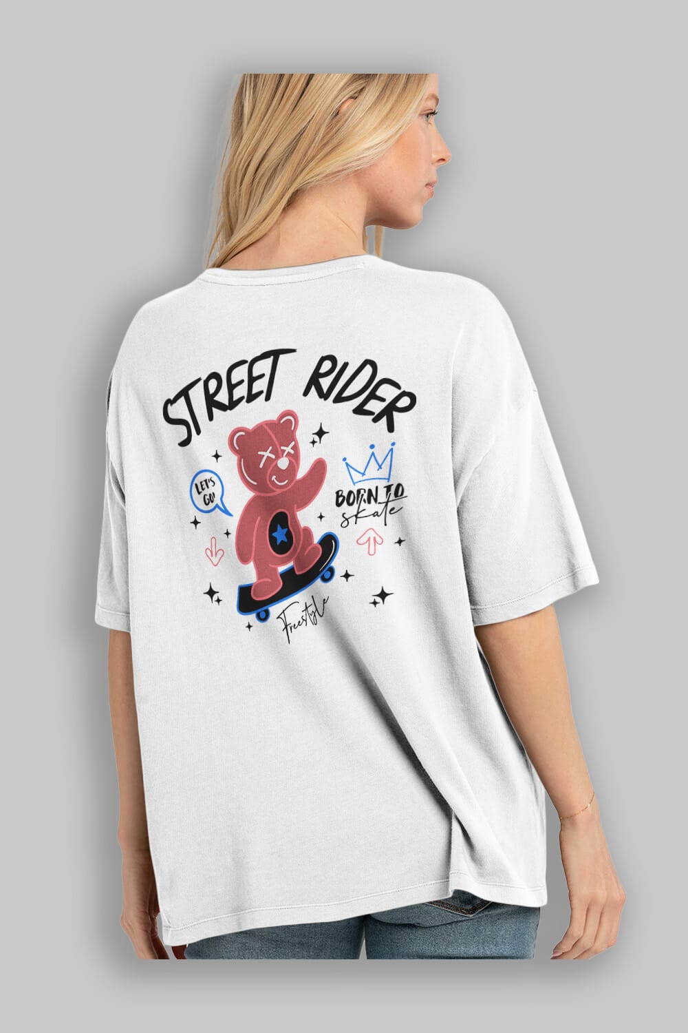 Street Rider Bear Arka Baskılı Oversize t-shirt Erkek Kadın Unisex