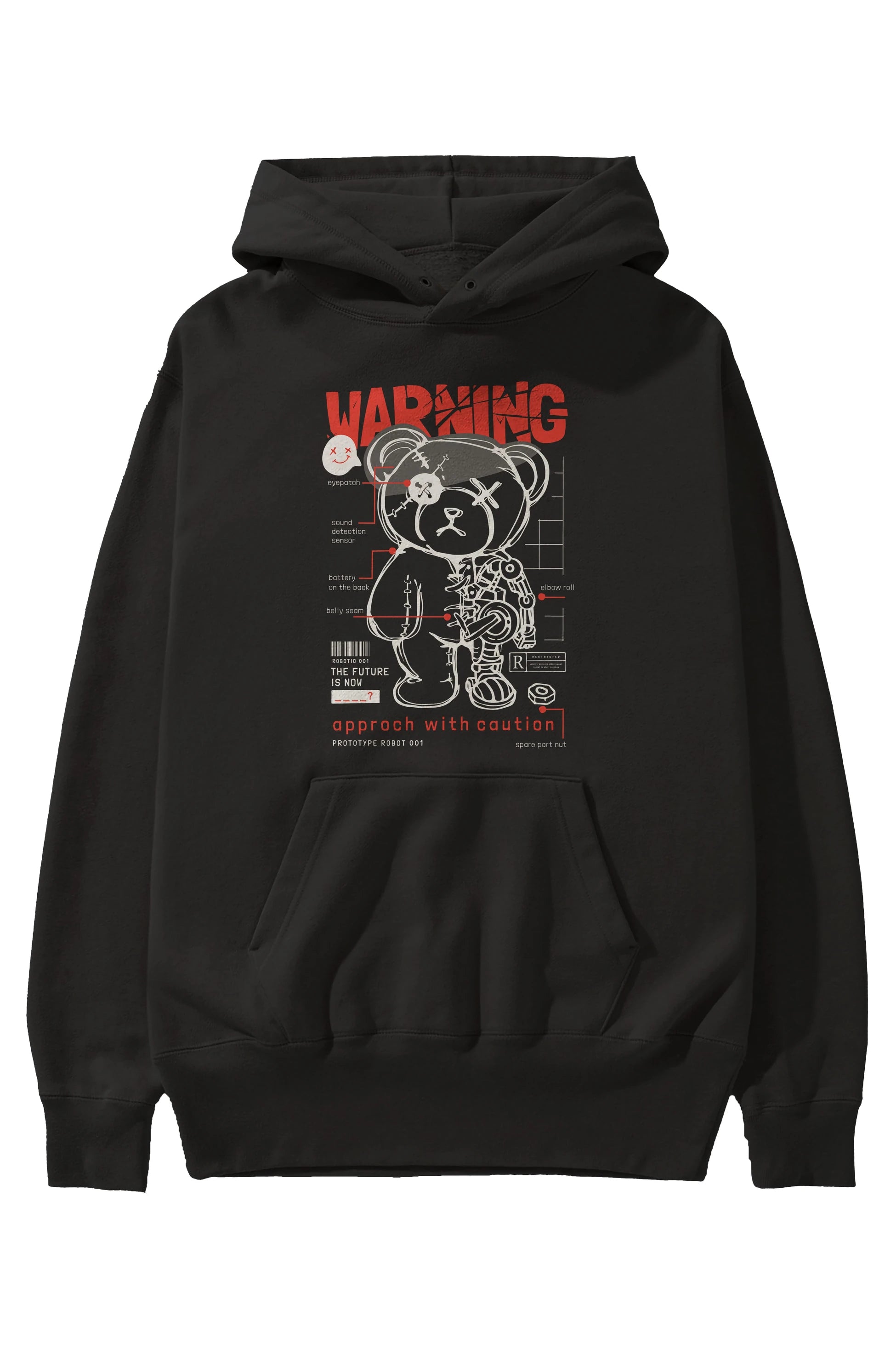 Teddy Bear Warning Ön Baskılı Hoodie Oversize Kapüşonlu Sweatshirt Erkek Kadın Unisex