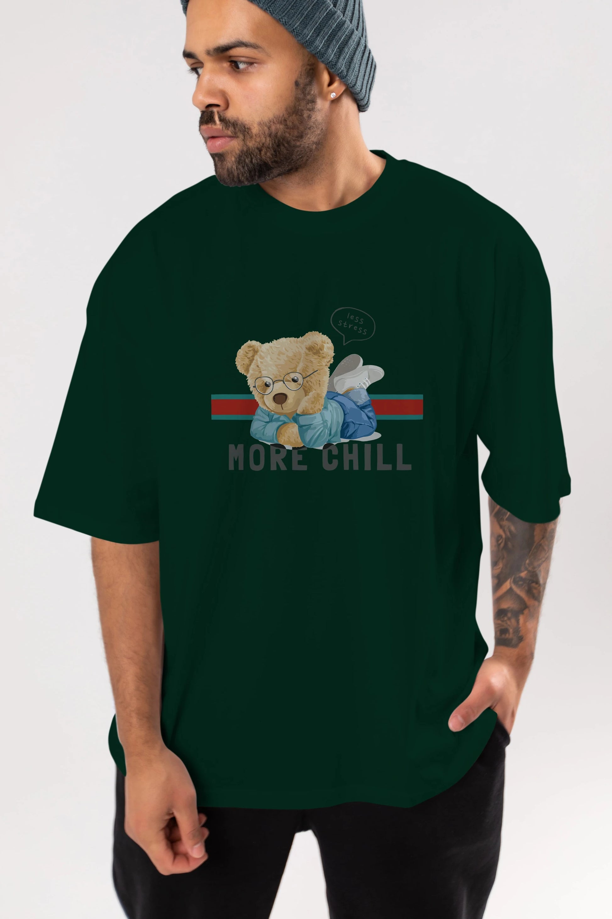 Teddy Bear More Chill Ön Baskılı Oversize t-shirt Erkek Kadın Unisex %100 Pamuk