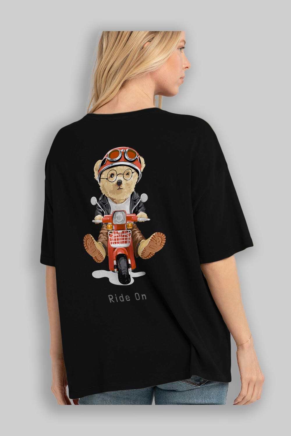 Teddy Bear Ride On Arka Baskılı Oversize t-shirt Erkek Kadın Unisex %100 Pamuk