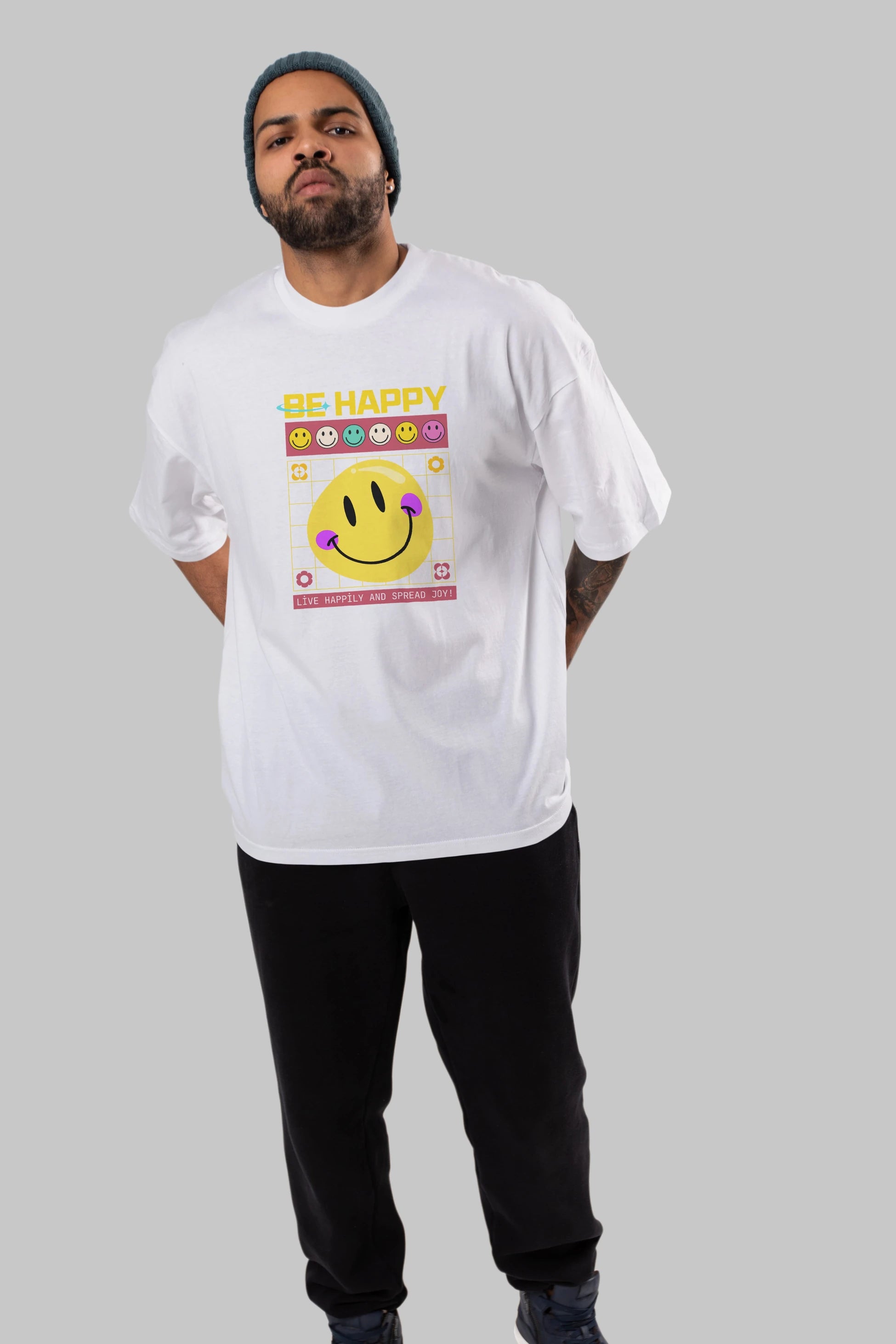 Be Happy Yazılı Ön Baskılı Oversize t-shirt Erkek Kadın Unisex