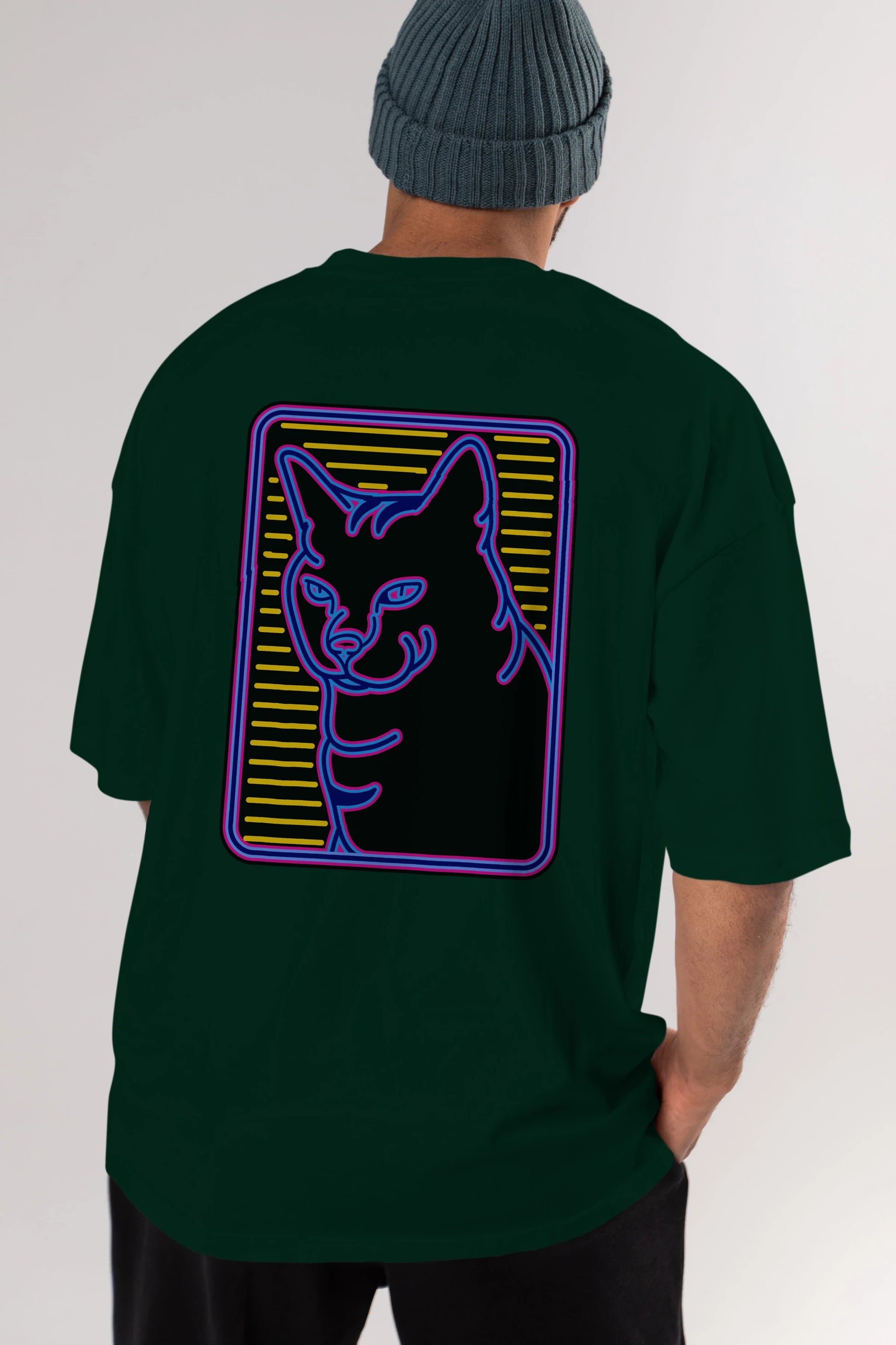 Neon Cat Arka Baskılı Oversize t-shirt Erkek Kadın Unisex