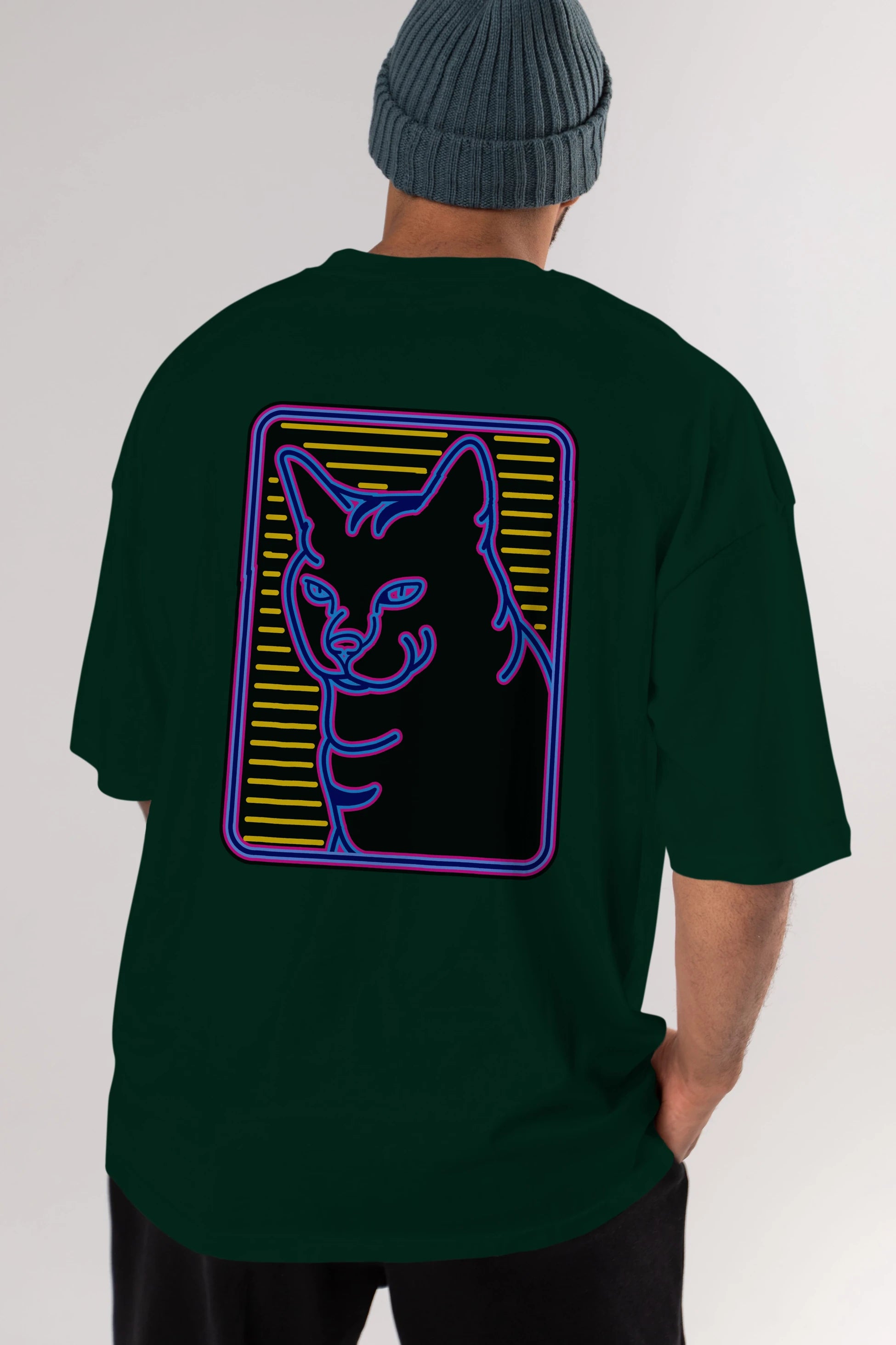 Neon Cat Arka Baskılı Oversize t-shirt Erkek Kadın Unisex