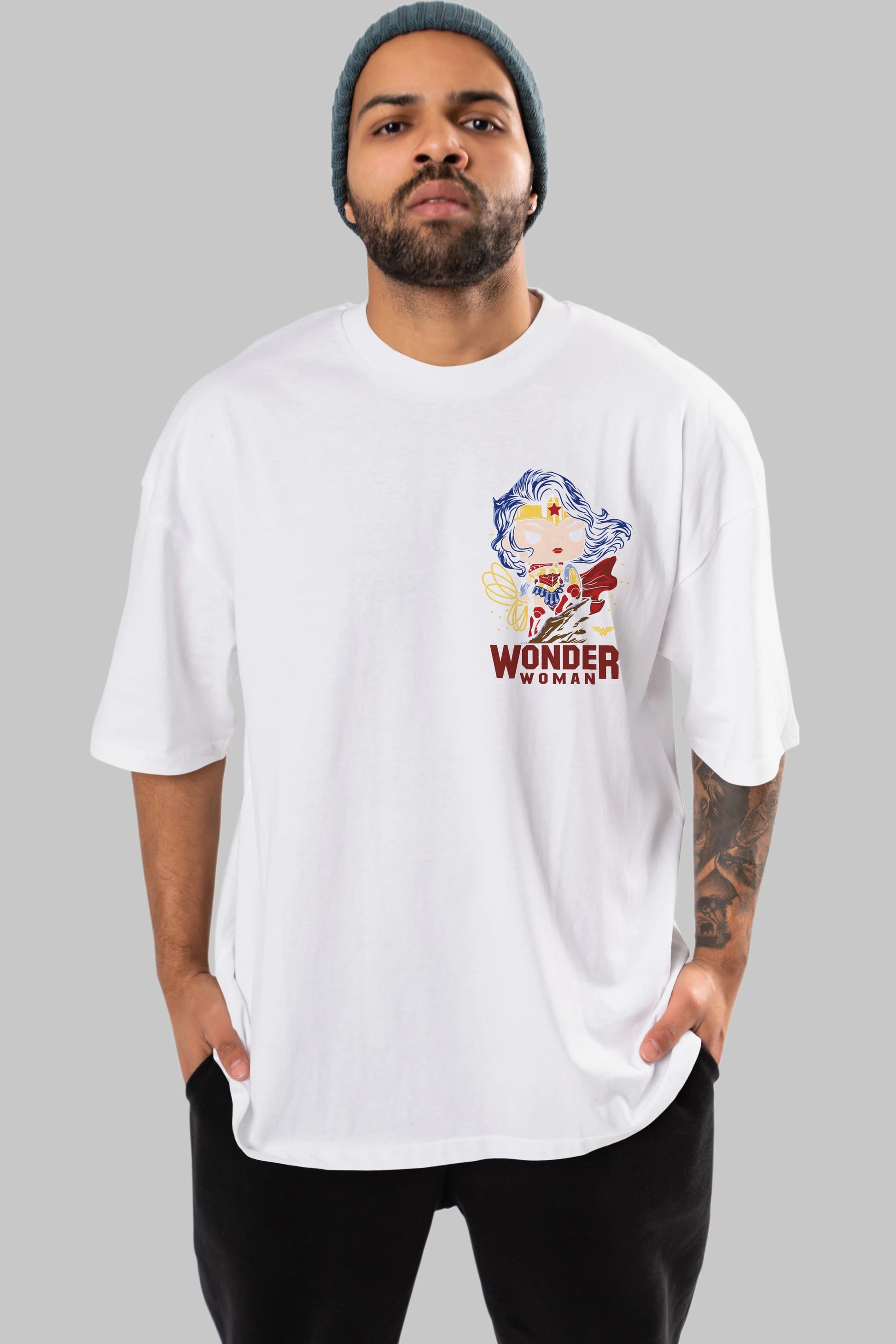 Wonder Woman (2) Ön Sol Baskılı Oversize t-shirt Erkek Kadın Unisex %100 Pamuk Bisiklet Yaka tişort