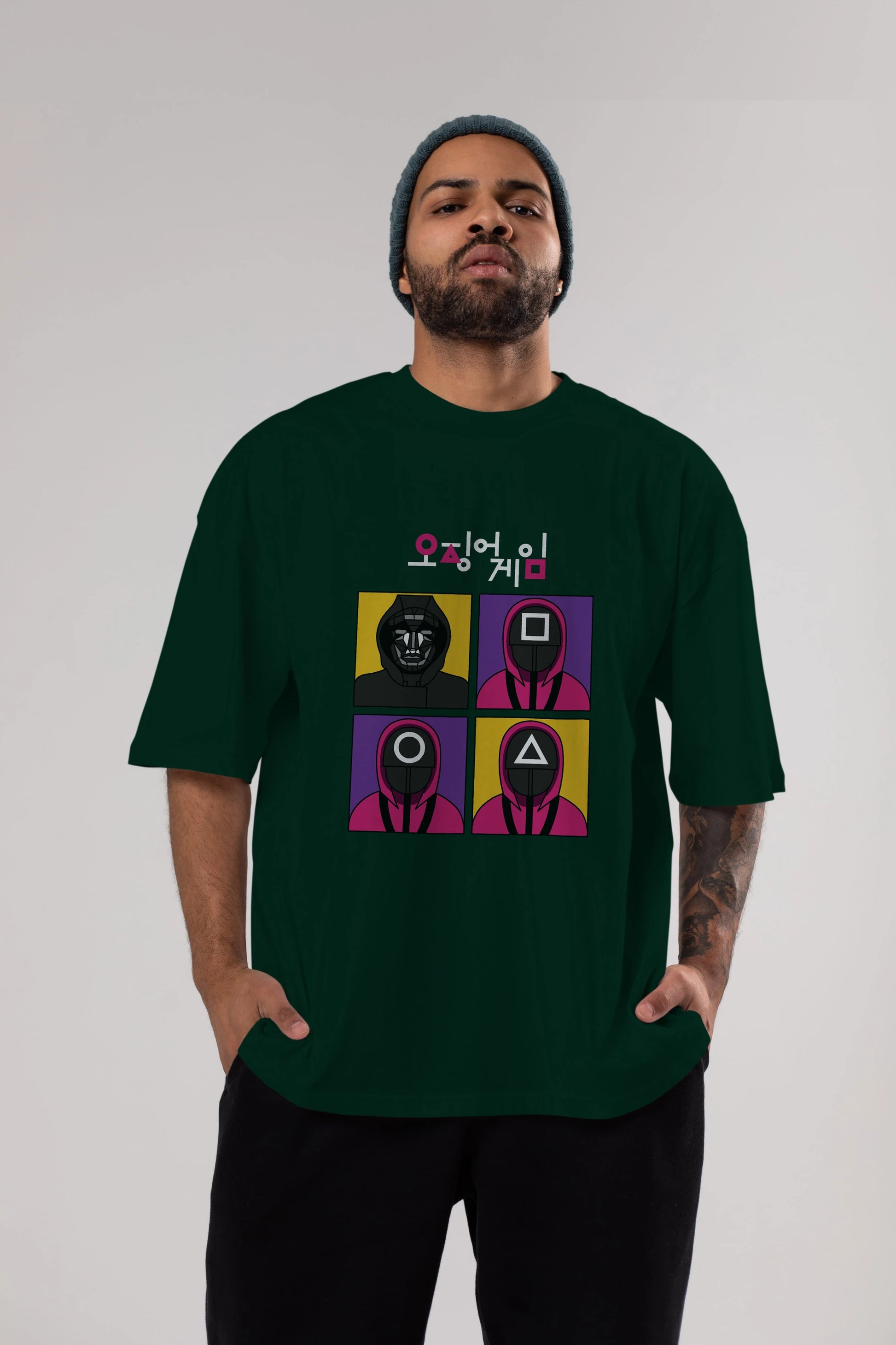 Squid Game (1) Ön Baskılı Oversize t-shirt Erkek Kadın Unisex %100 Pamuk Bisiklet Yaka tişort