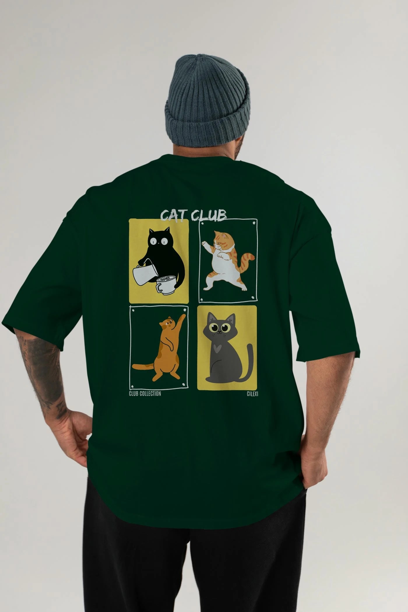 Cat Club Arka Baskılı Oversize t-shirt Erkek Kadın %100 Pamuk Bisiklet Yaka tişort