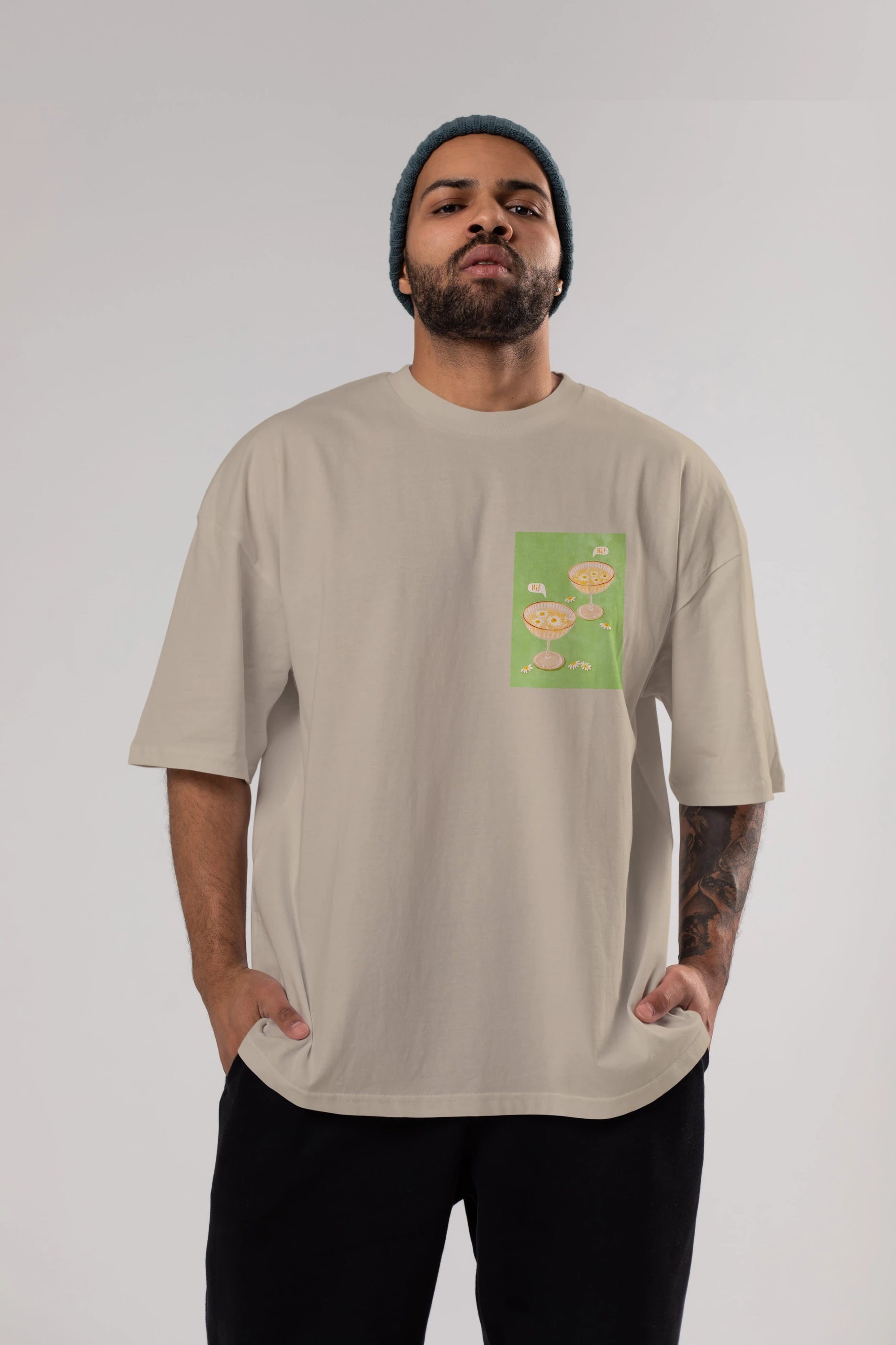Hi Cheers Ön Sol Baskılı Oversize t-shirt Erkek Kadın Unisex %100 Pamuk Bisiklet Yaka tişort