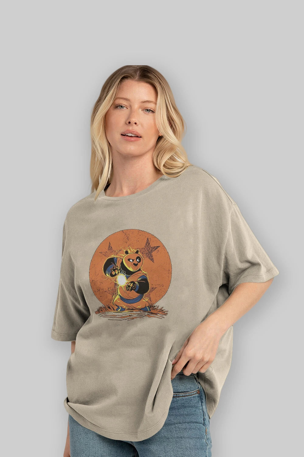 Kung Fu Panda Ön Baskılı Oversize t-shirt Erkek Kadın Unisex %100 Pamuk Bisiklet Yaka tişort