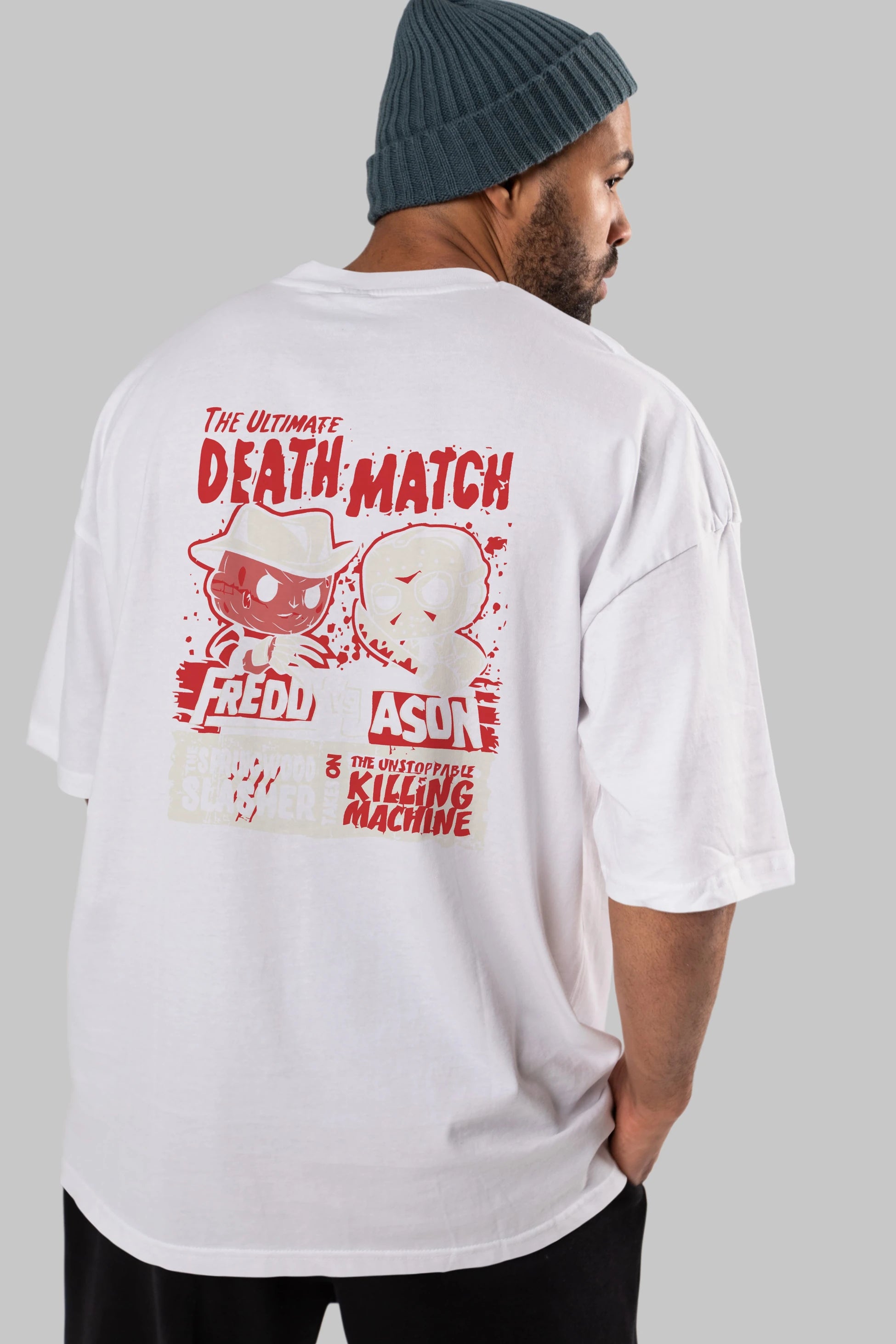 Freddy vs Jason Arka Baskılı Oversize t-shirt Erkek Kadın Unisex %100 Pamuk Bisiklet Yaka tişort