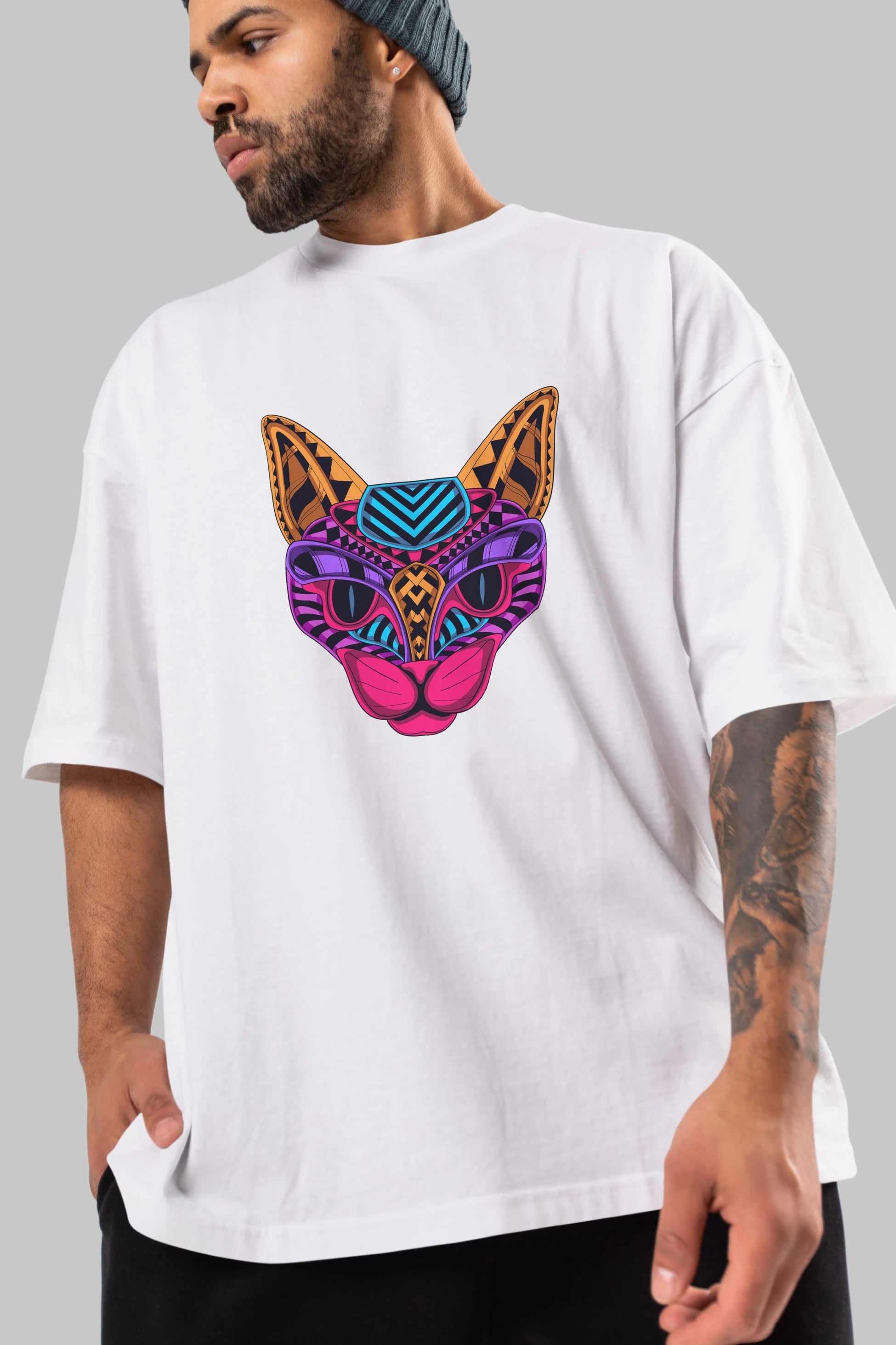 Black Neon Cat Ön Baskılı Oversize t-shirt Erkek Kadın Unisex