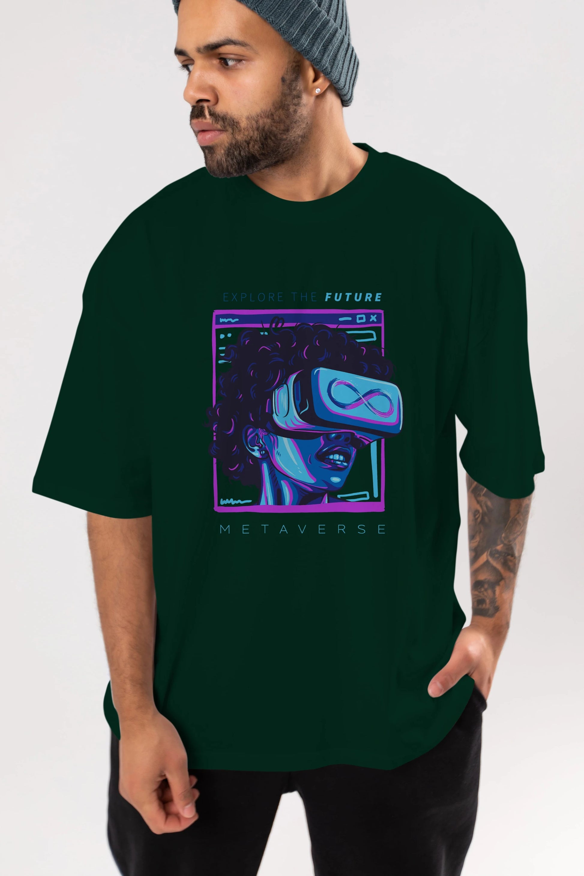 Metaverse Ön Baskılı Oversize t-shirt Erkek Kadın Unisex