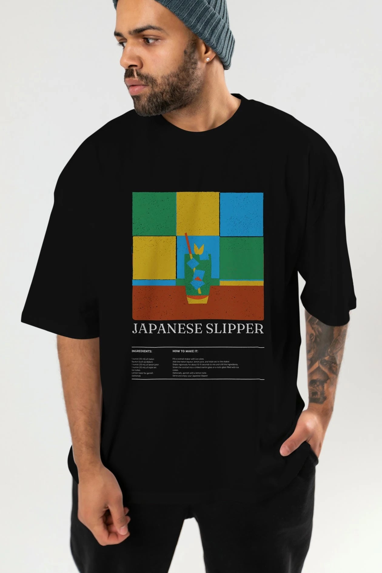 Japanese Slipper Kokteyl Ön Baskılı Oversize t-shirt Erkek Kadın %100 Pamuk Bisiklet Yaka tişort
