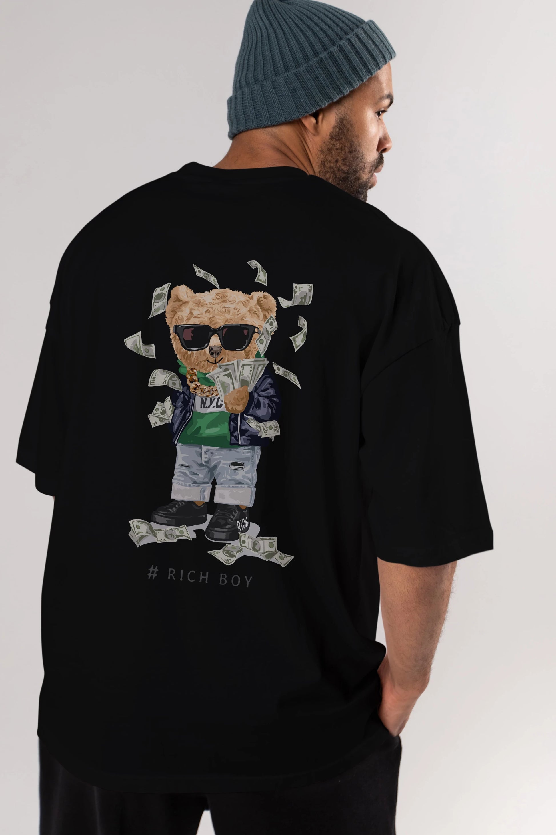 Teddy Bear Rich Boy Arka Baskılı Oversize t-shirt Erkek Kadın Unisex %100 Pamuk