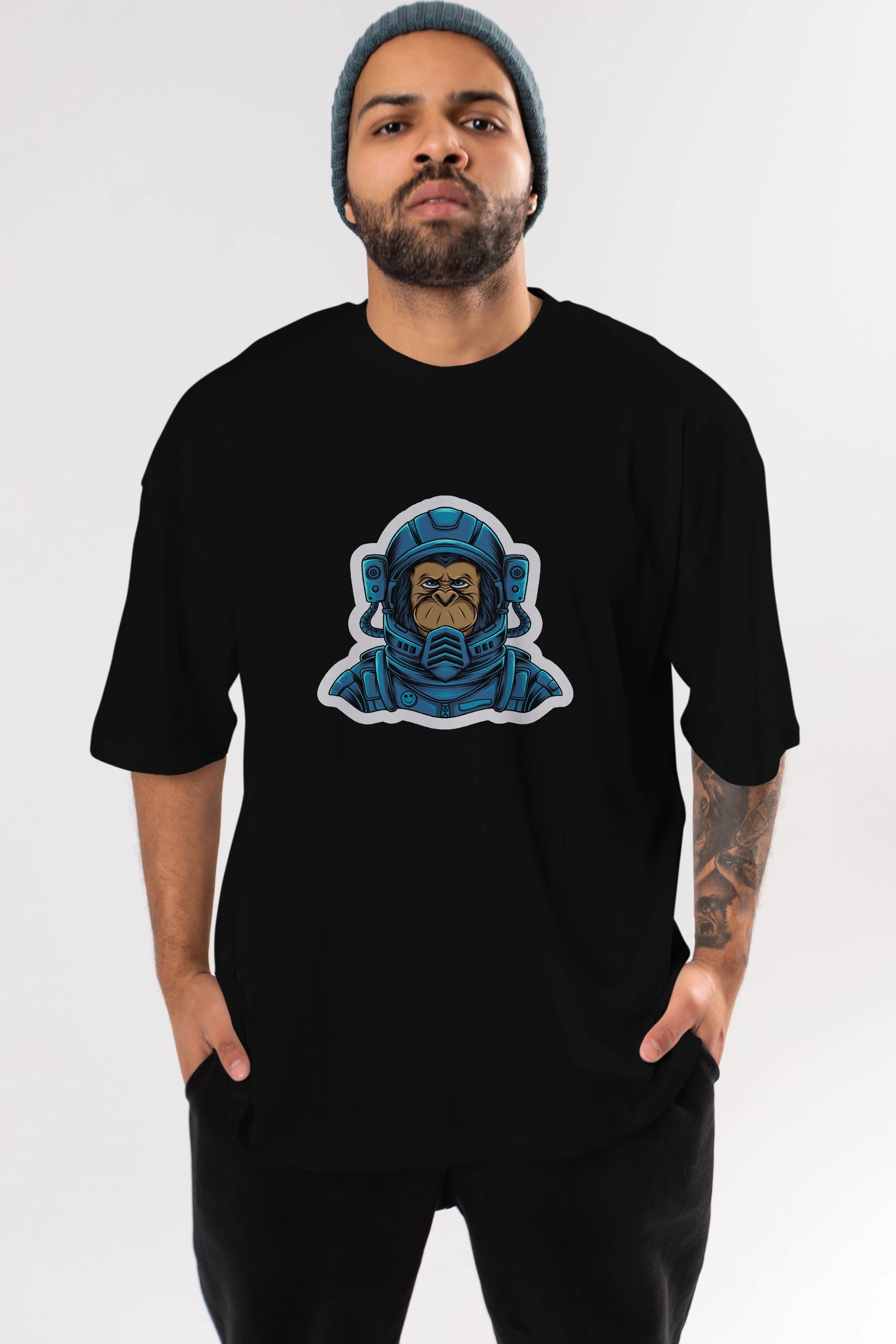 Astromonkey Sticker Ön Baskılı Oversize t-shirt Erkek Kadın Unisex