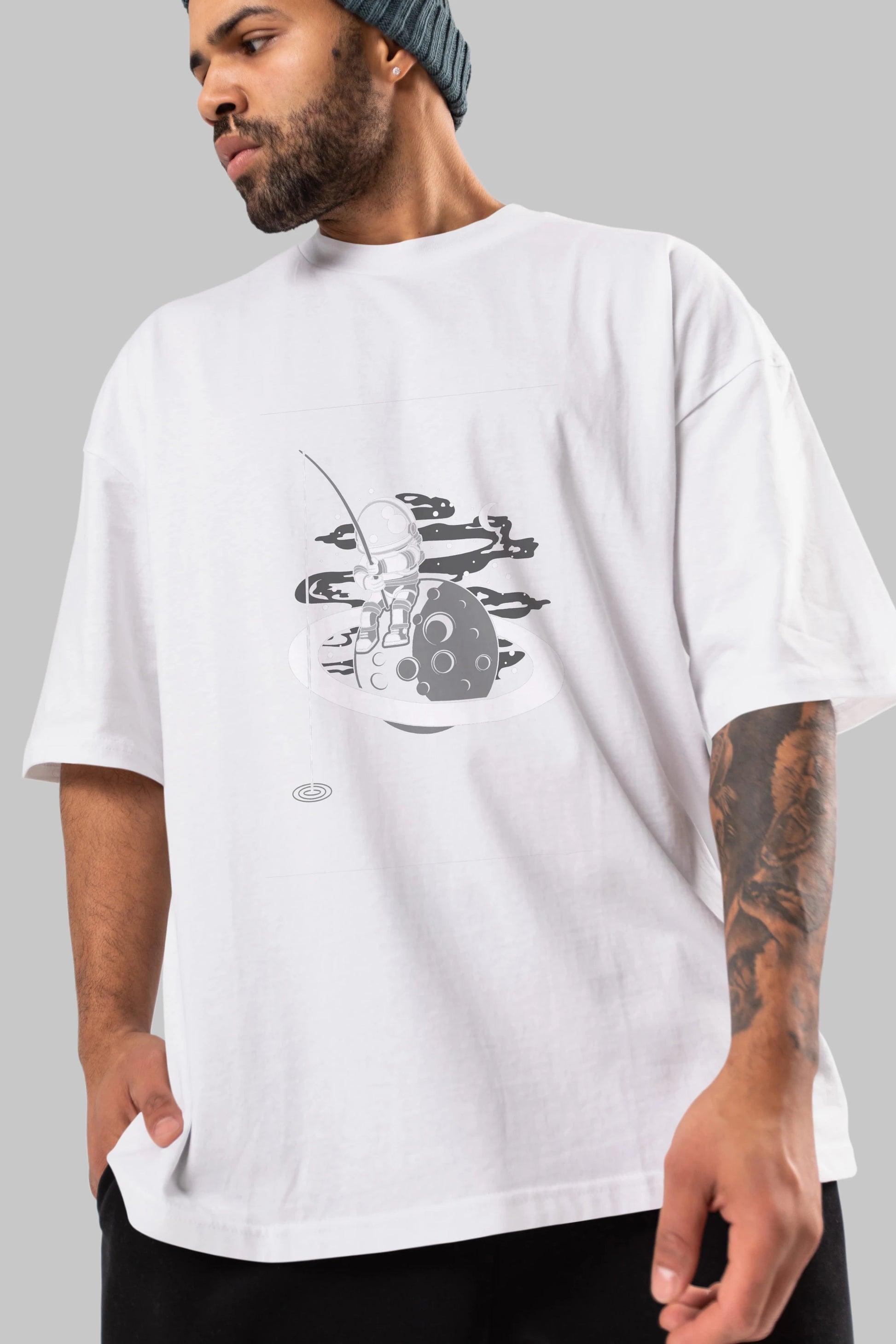 Astronaut  Fishing Ön Baskılı Oversize t-shirt Erkek Kadın Unisex