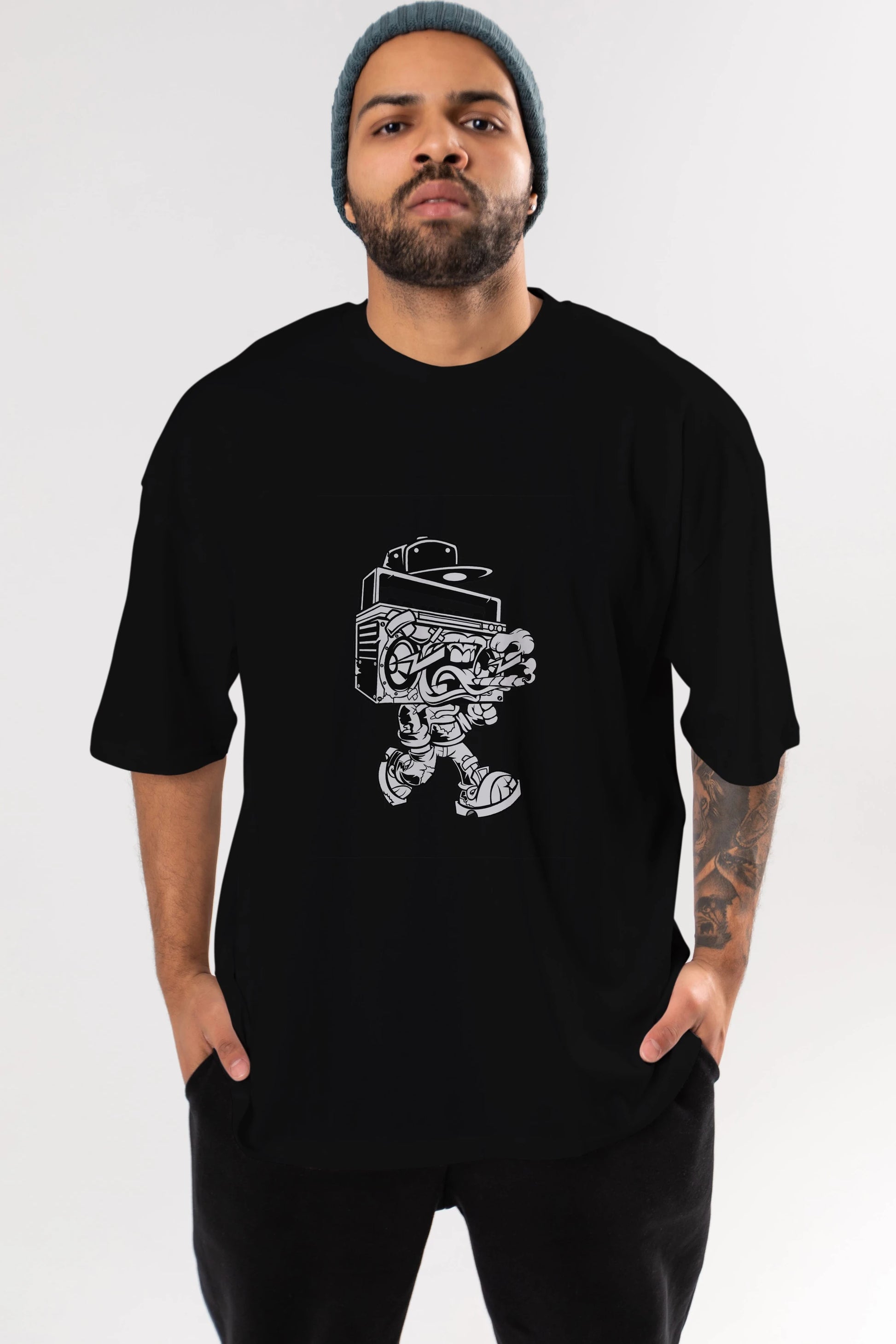Boombox Ön Baskılı Oversize t-shirt Erkek Kadın Unisex %100 Pamuk tişort